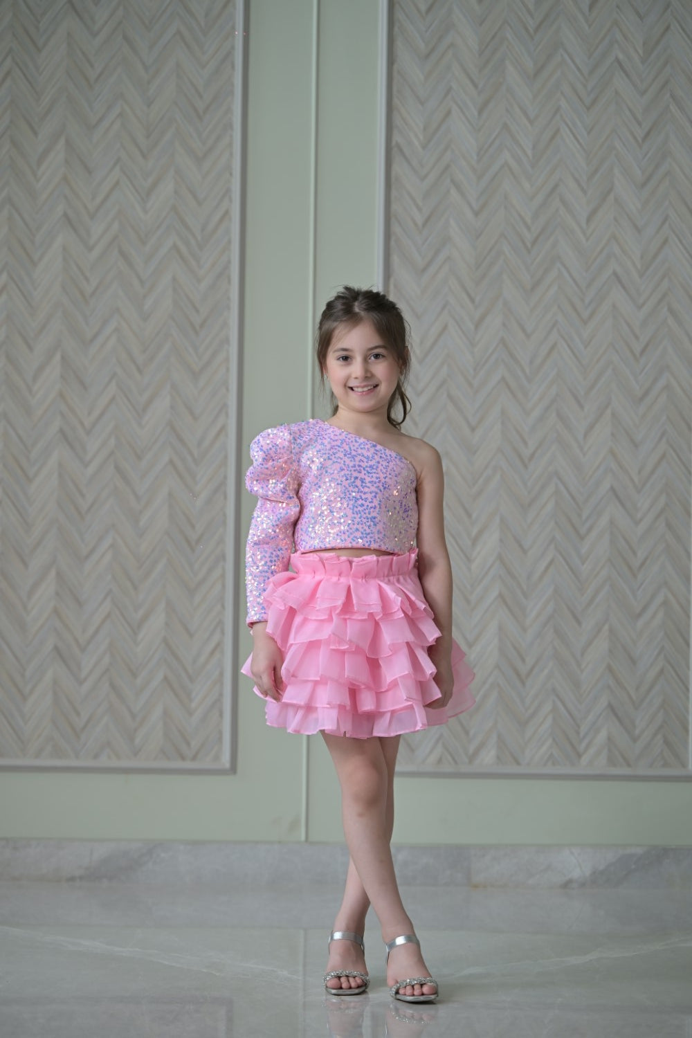 Lotus pink Sequence Top With Organza Skirt