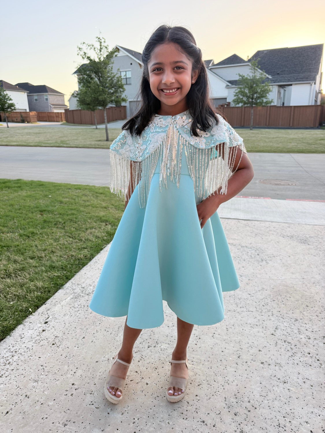 Ice Blue Shoulder Cape Frill Dress