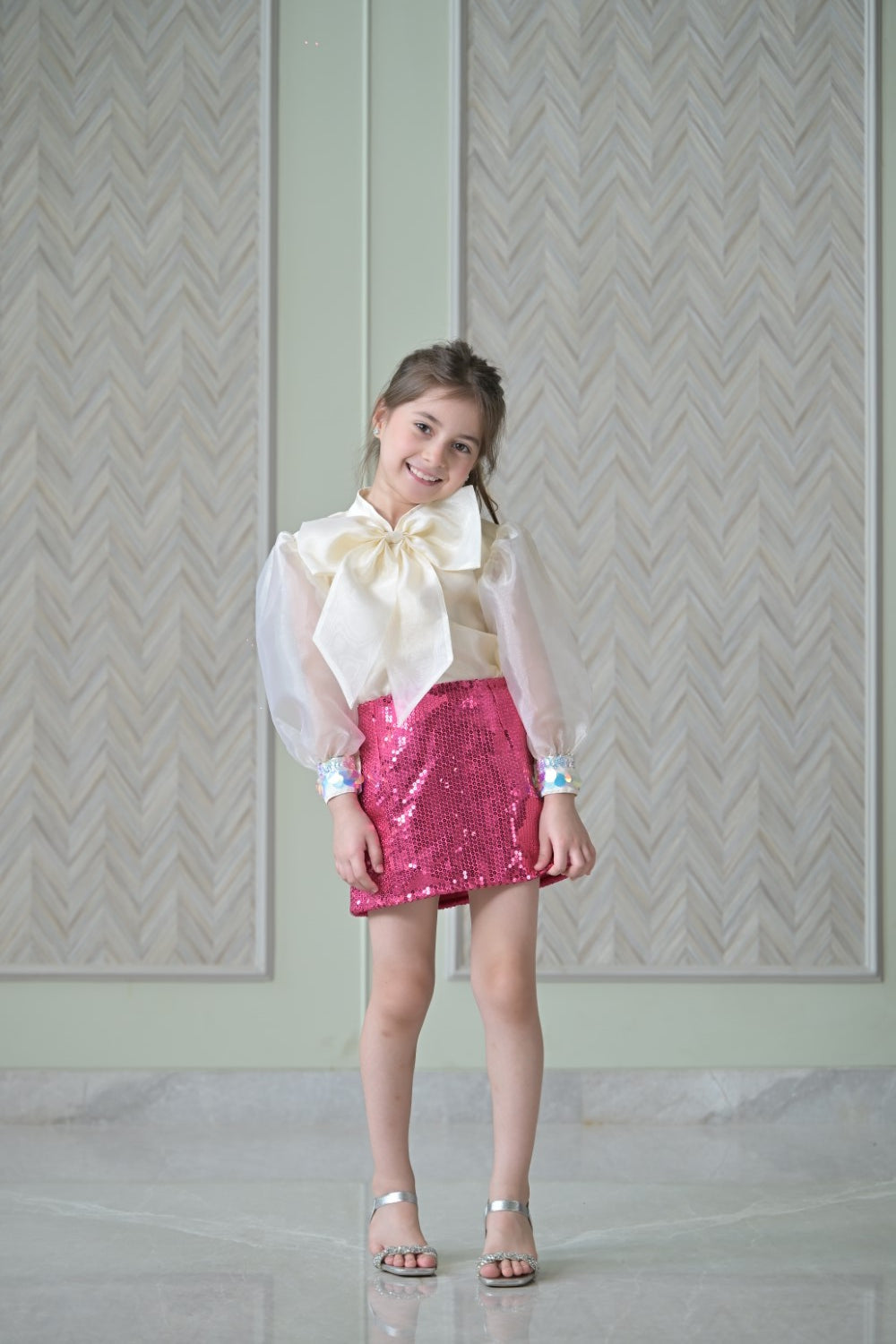 Ivory Bow Organza Top With Rani Pink Sequence Skirt Set