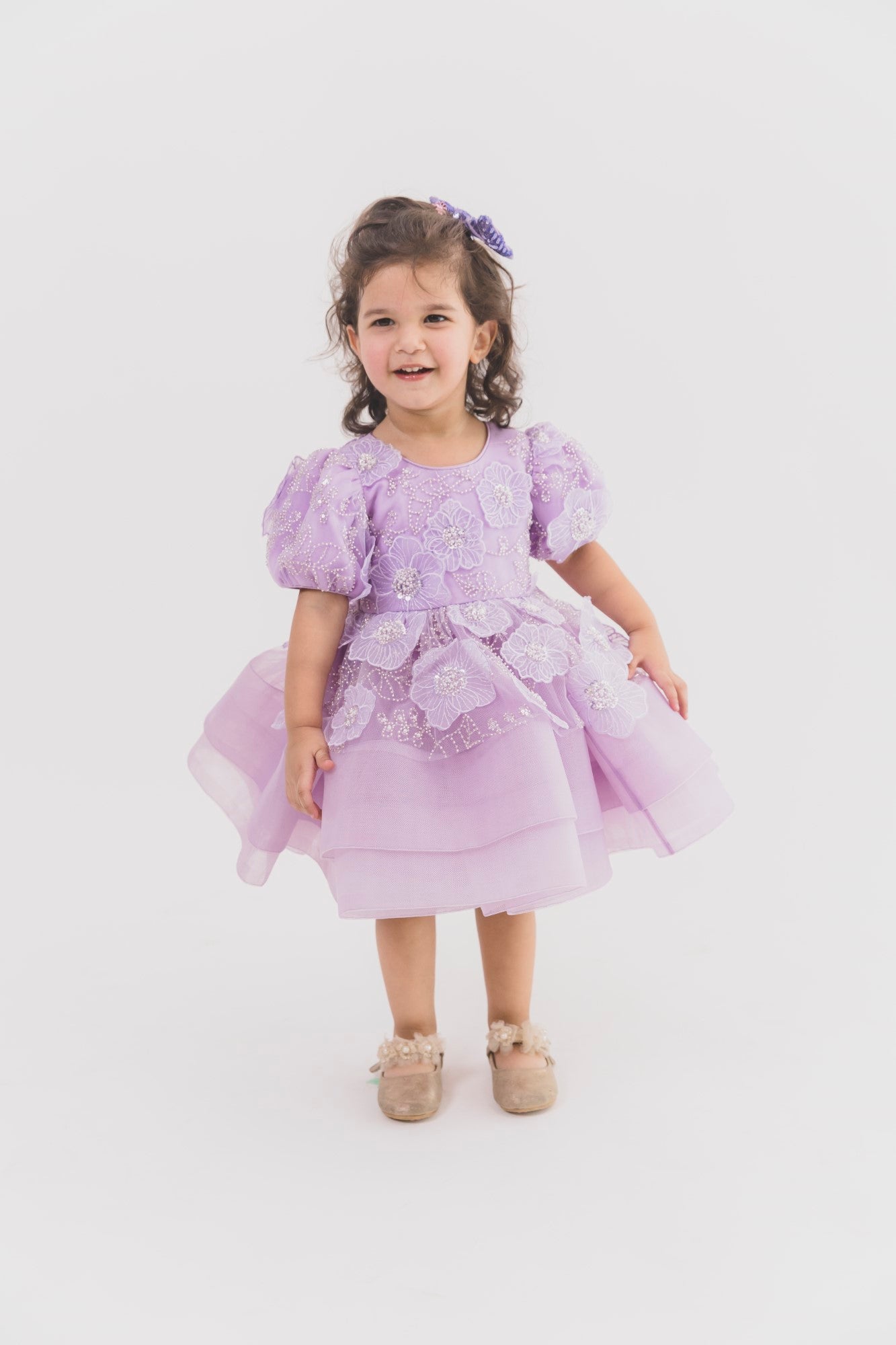 Lilac 3D Flower Double Layer Bone Dress