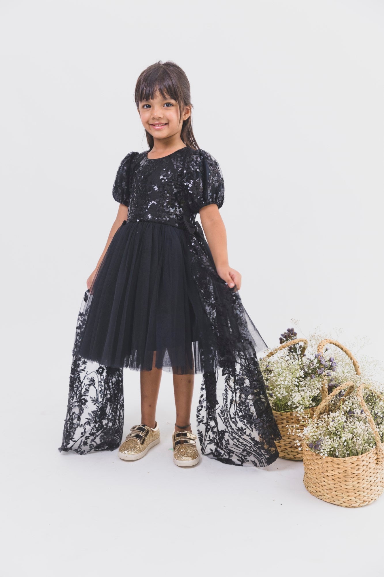 Black Sequence Net Dress With Side Frills