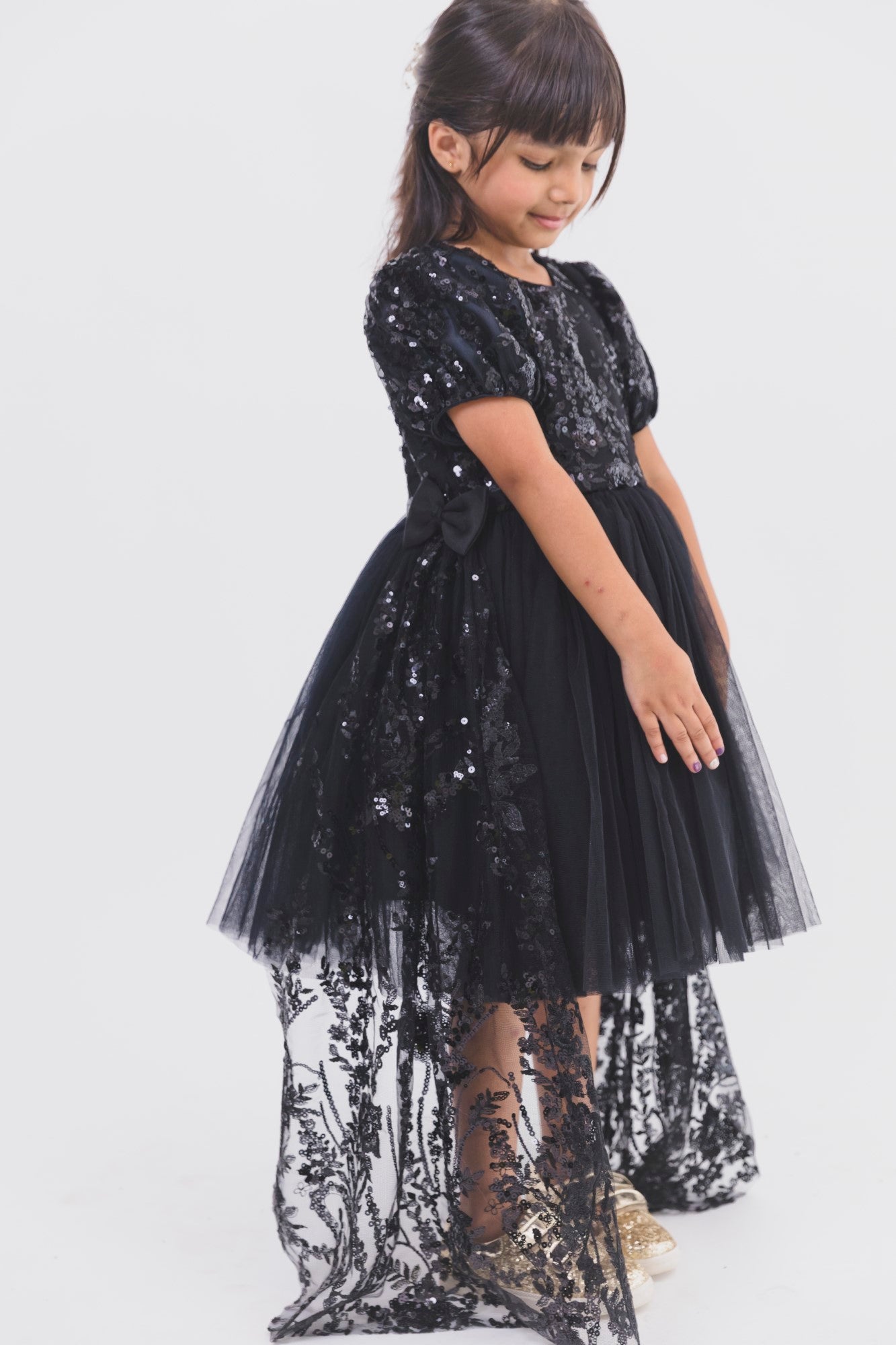 Black Sequence Net Dress With Side Frills