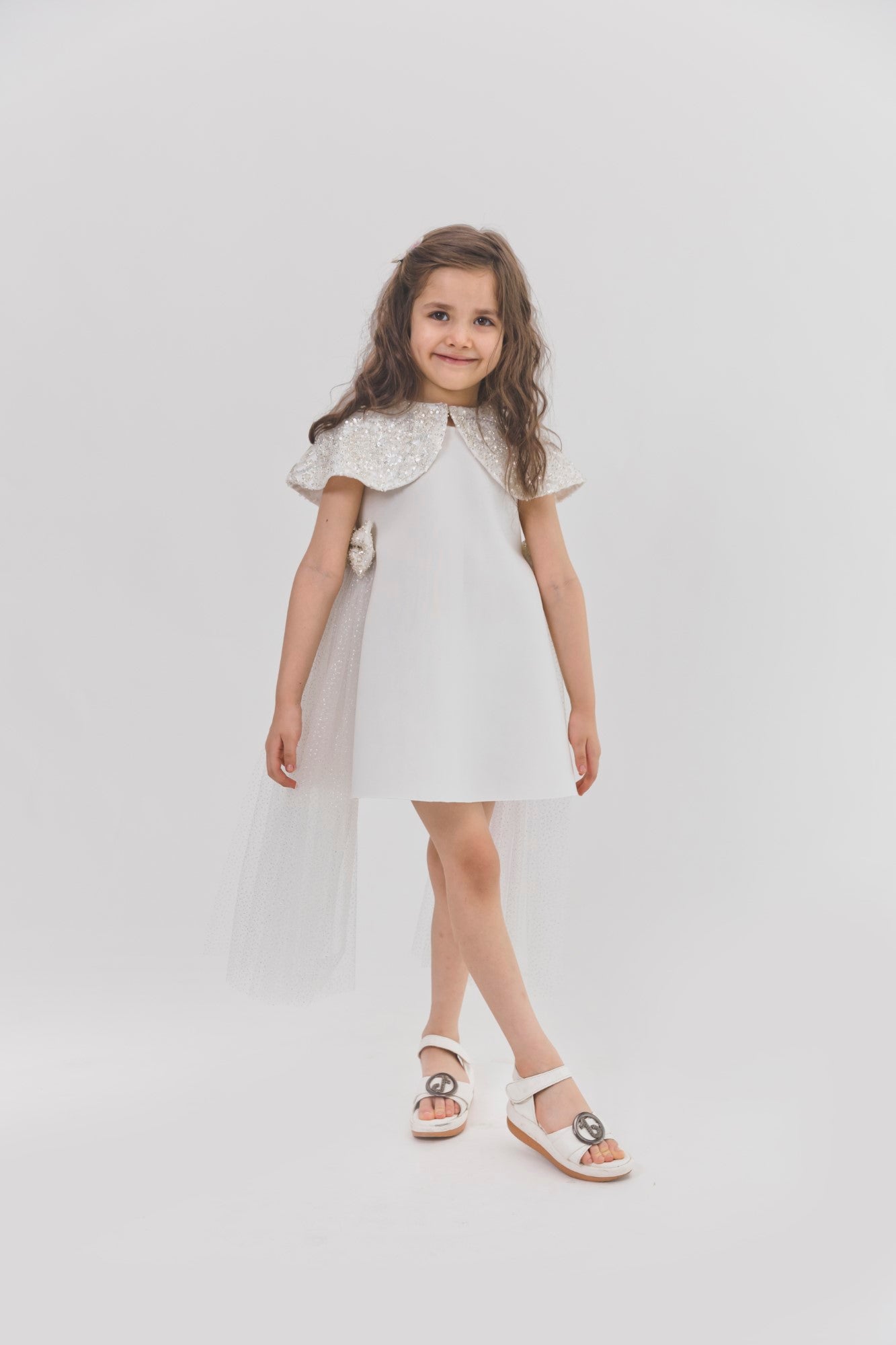 Ivory Silver Shoulder Cape A Line Dress