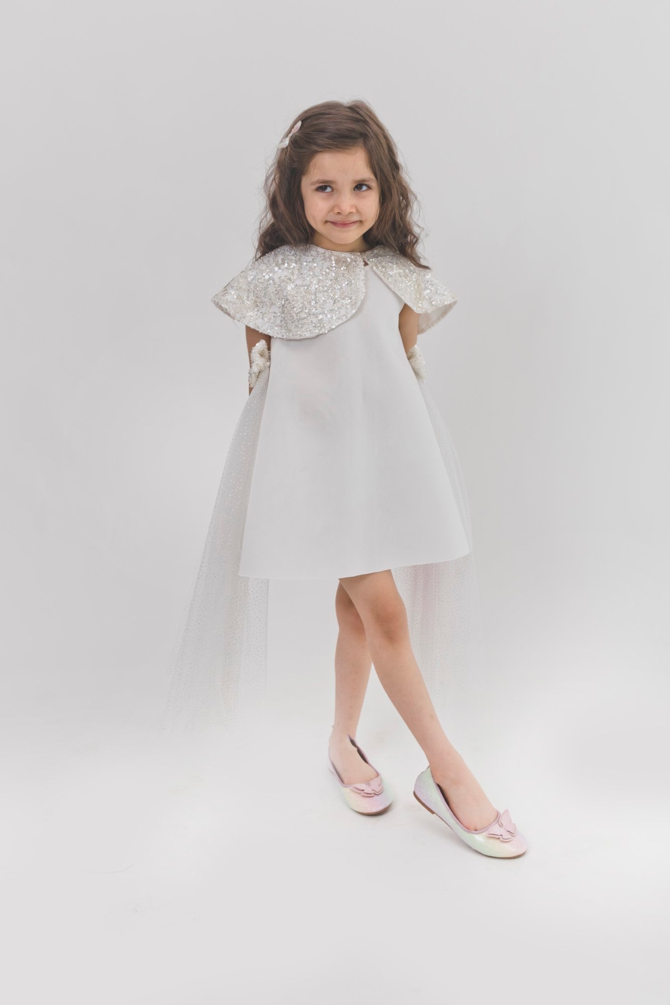 Ivory Silver Shoulder Cape A Line Dress