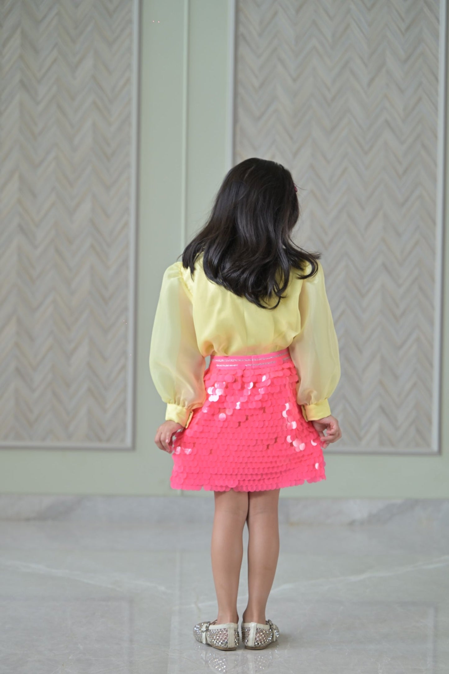 Yellow Organza Bow Top With Fuchsia Pink Squence Skirt Set