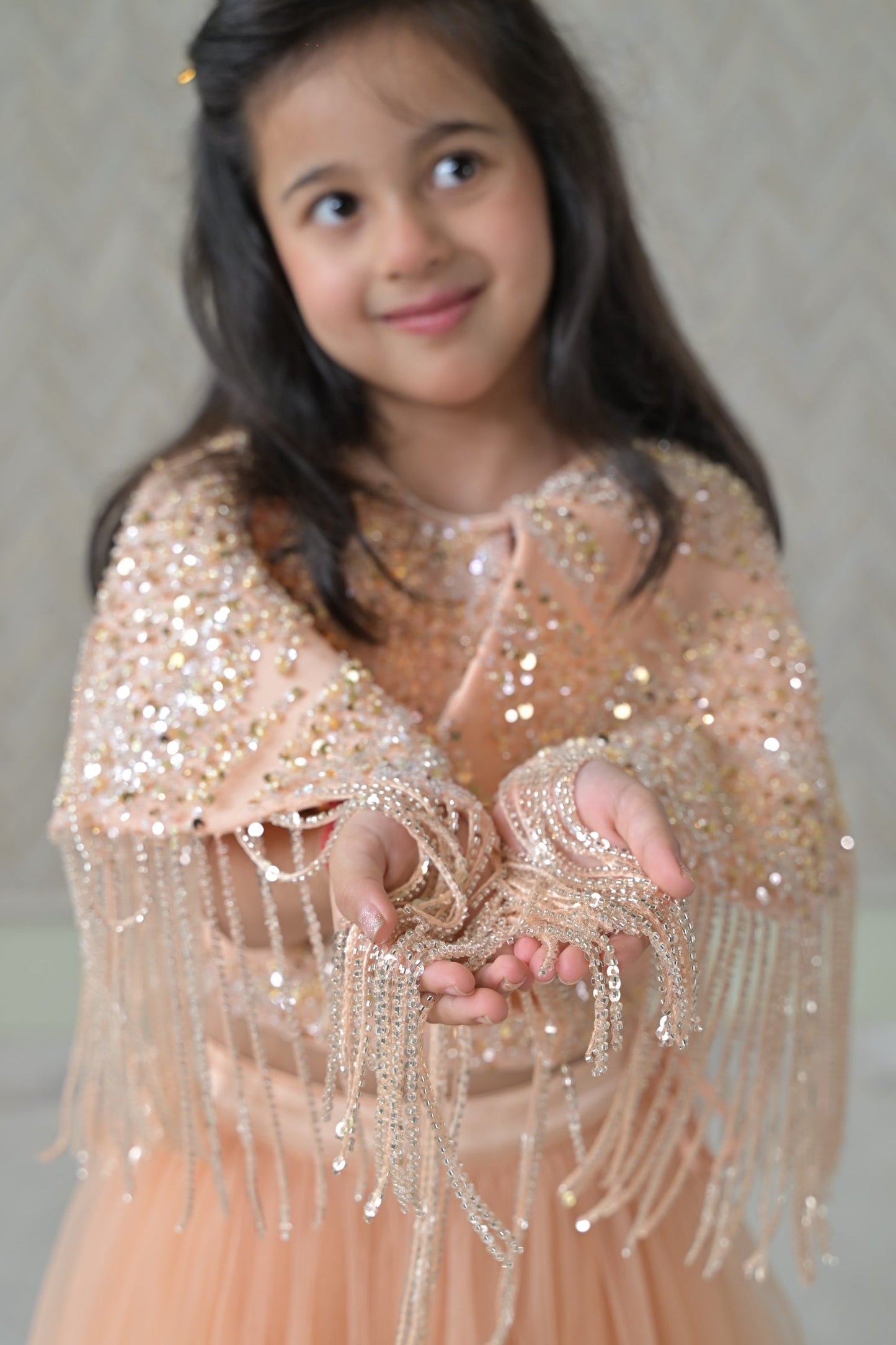 Peach Golden Cape Frill Lehenga Set