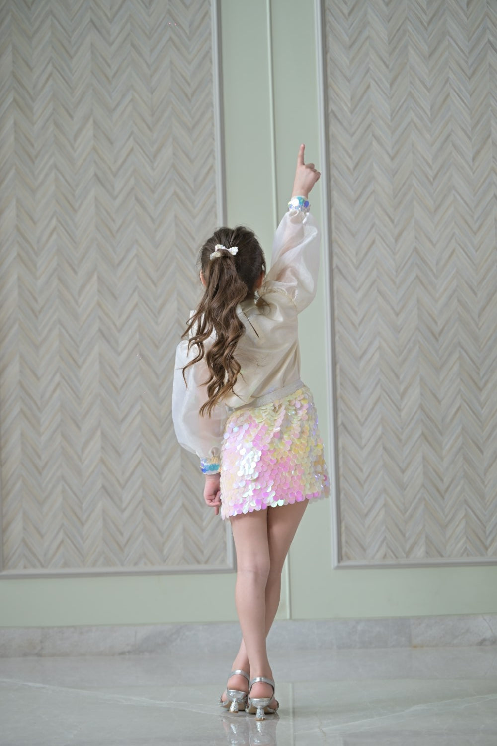 Ivory Bow Organza Top With Sequence Skirt Set