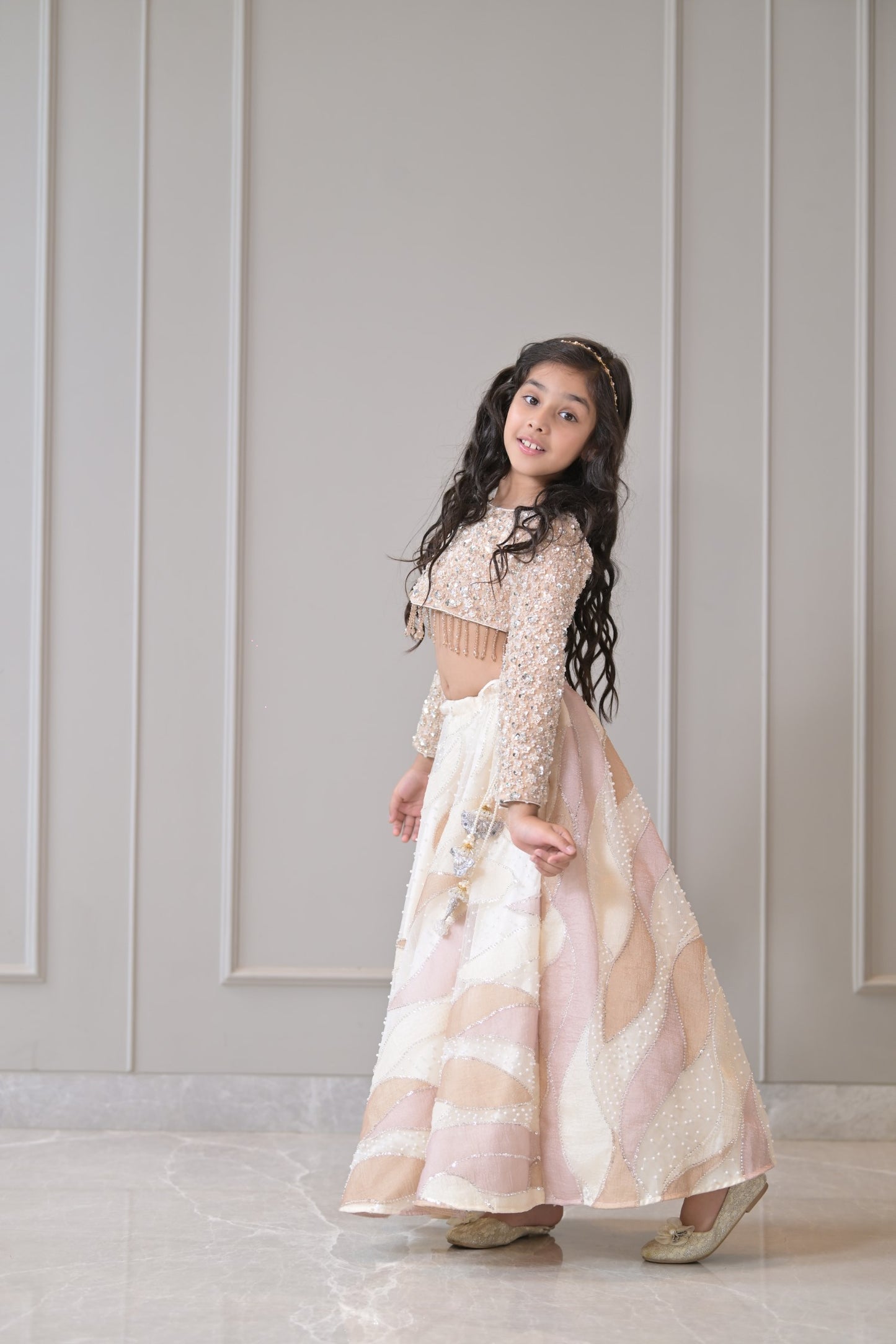 Ivory Pearl Pastel Gold Sequnece Lehenga Set