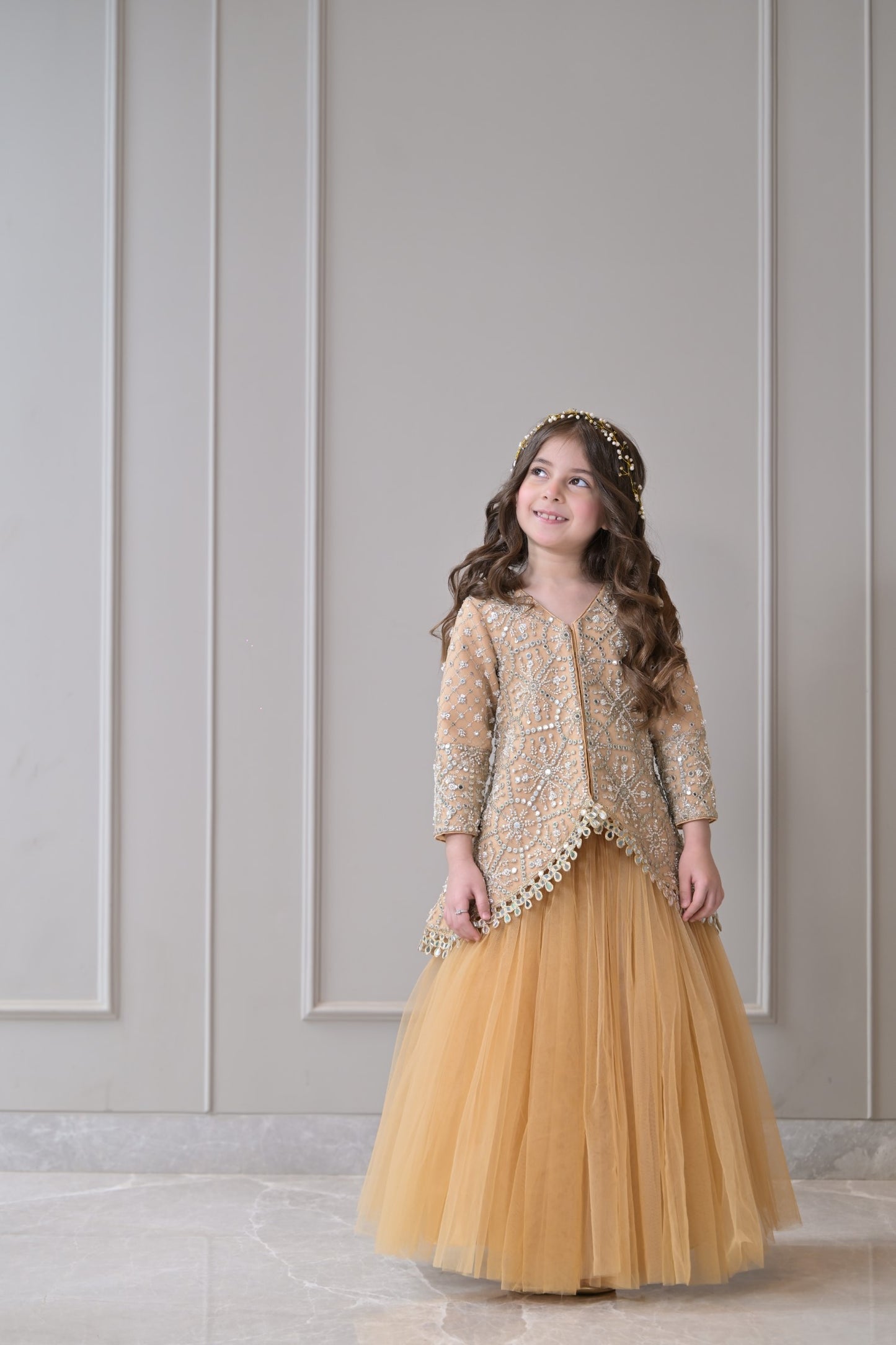 Camel Mirror Embroidered Short Long Lehenga Set