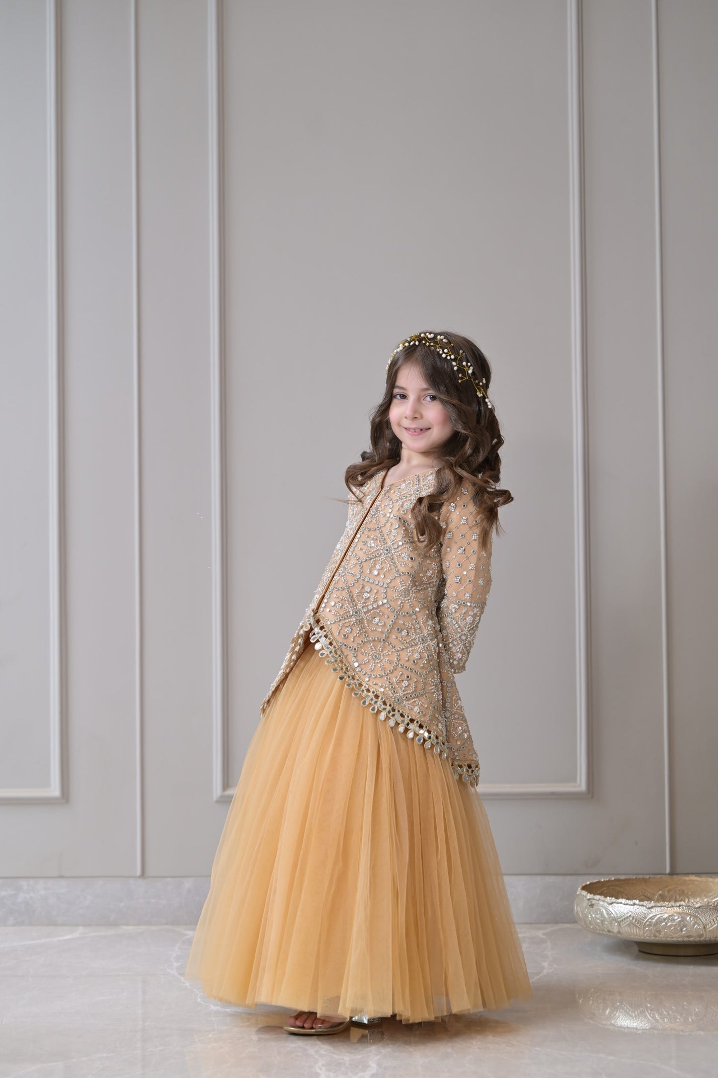 Camel Mirror Embroidered Short Long Lehenga Set