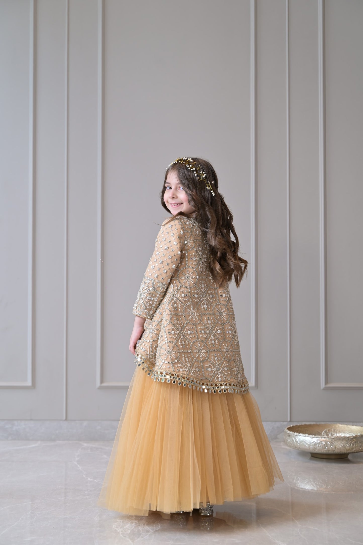 Camel Mirror Embroidered Short Long Lehenga Set