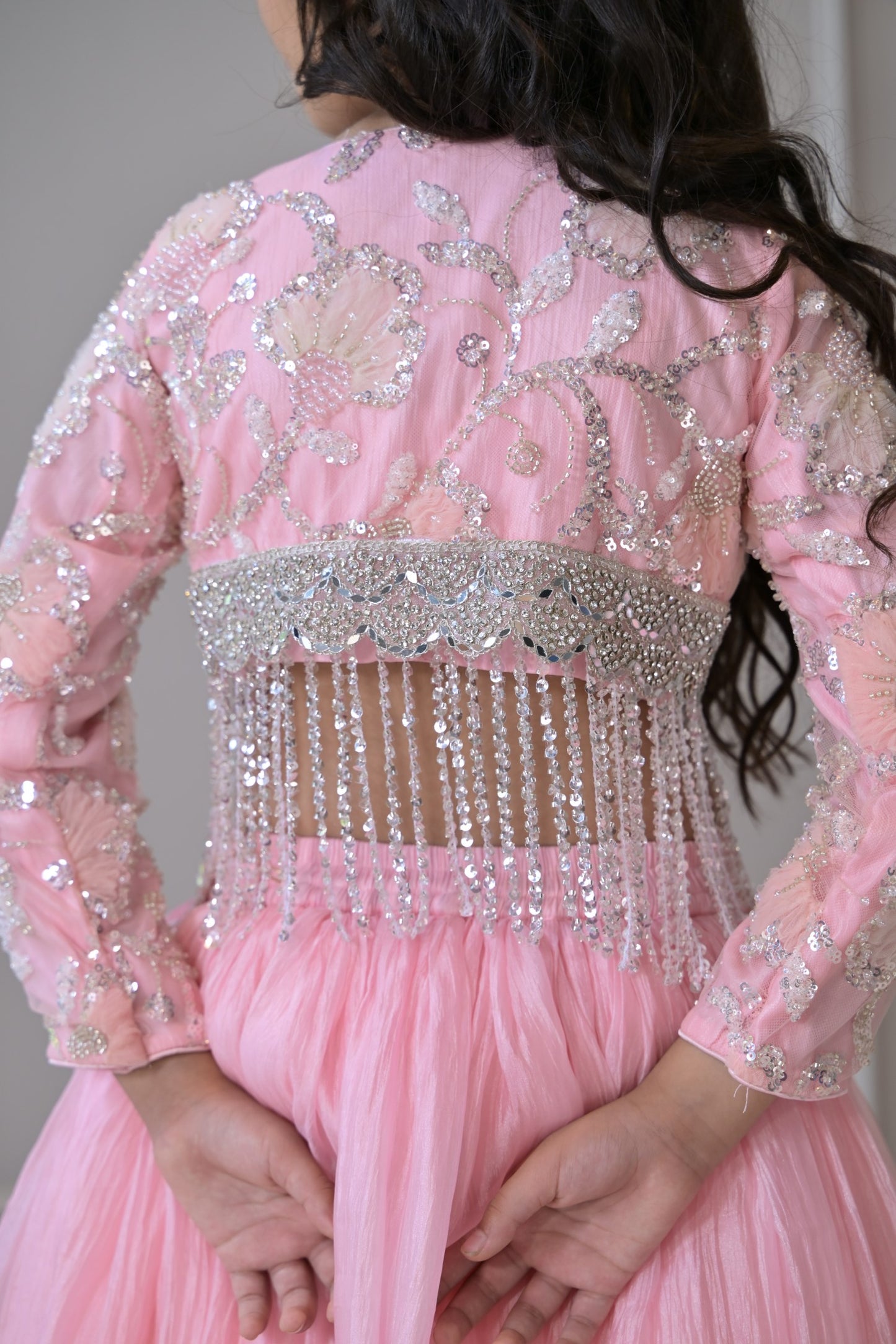 Baby Pink Embroidered Silver Tassel Shrug Lehenga Set
