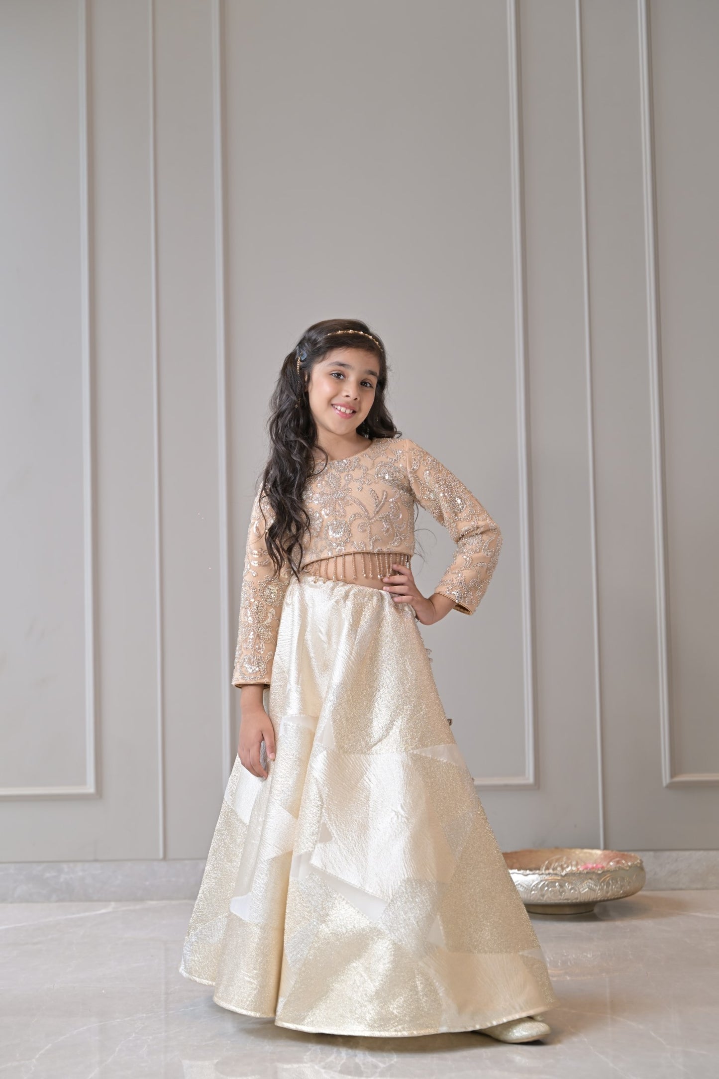 Beige Silver Gold Embroidered Lehenga Set