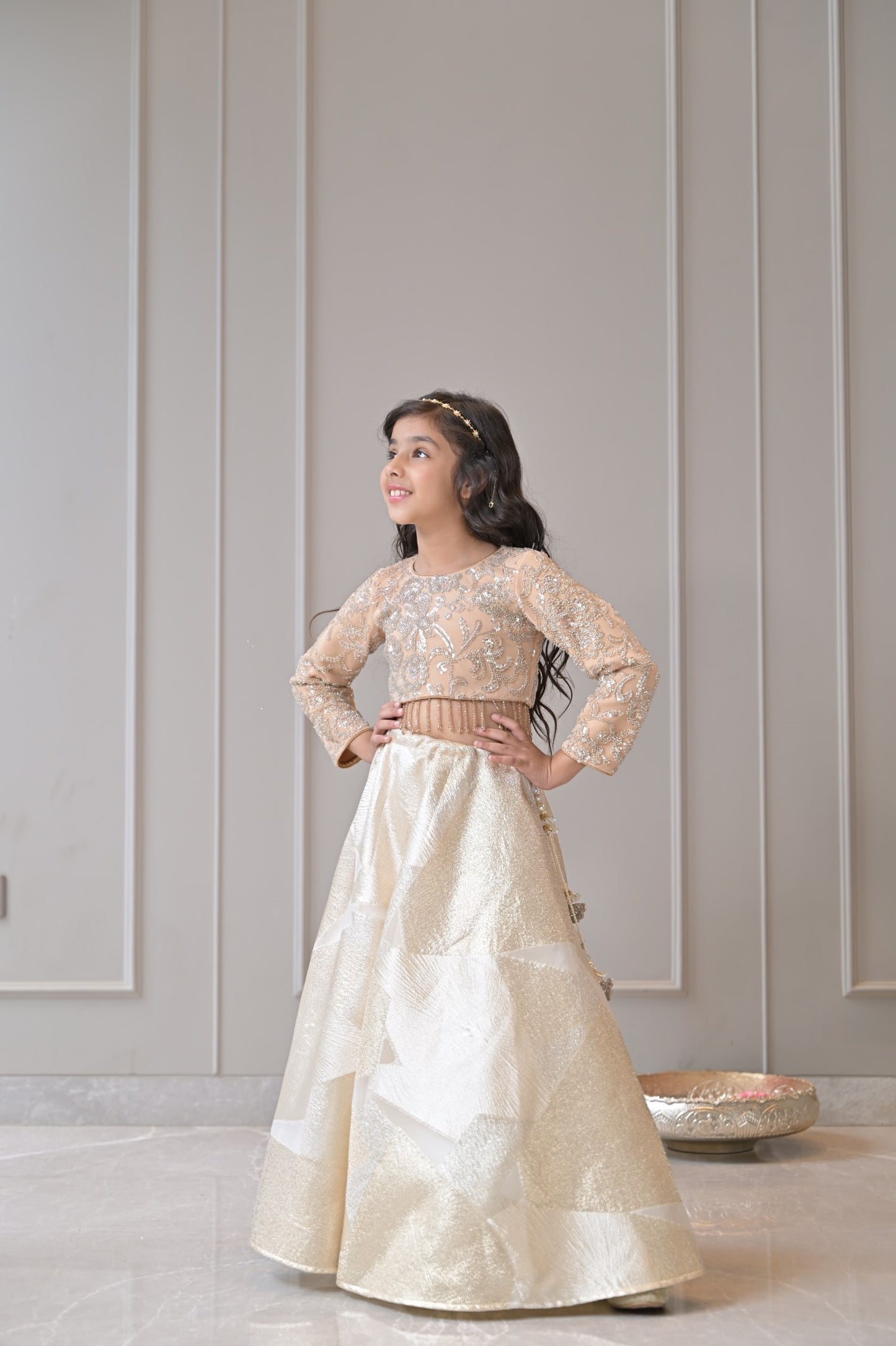 Beige Silver Gold Embroidered Lehenga Set