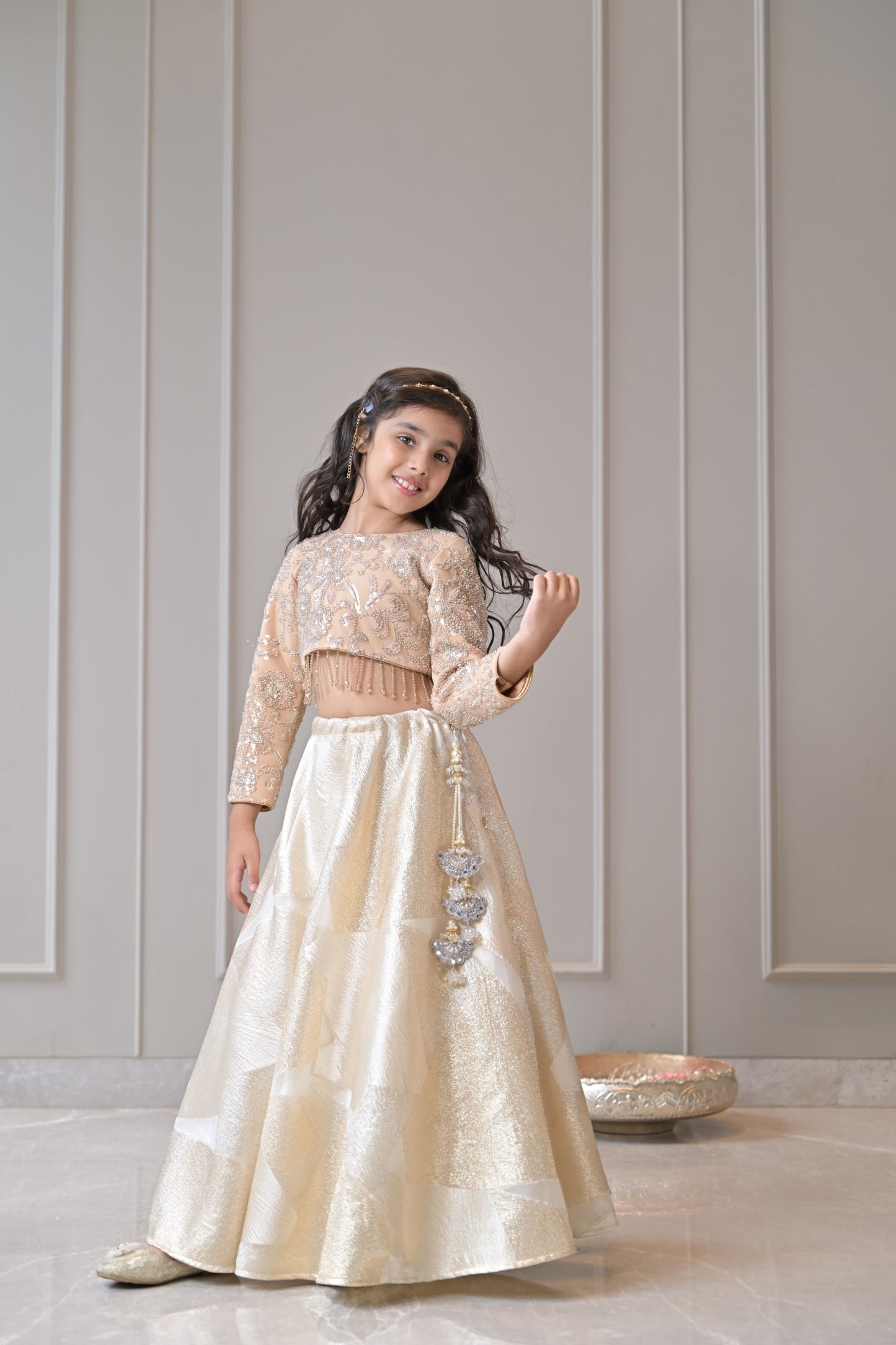 Beige Silver Gold Embroidered Lehenga Set