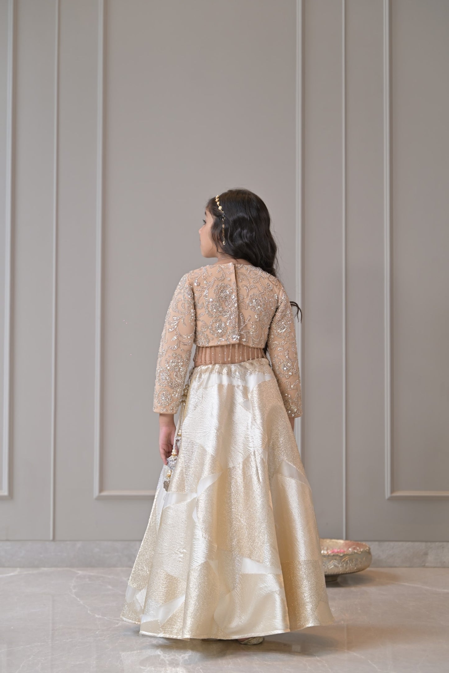 Beige Silver Gold Embroidered Lehenga Set