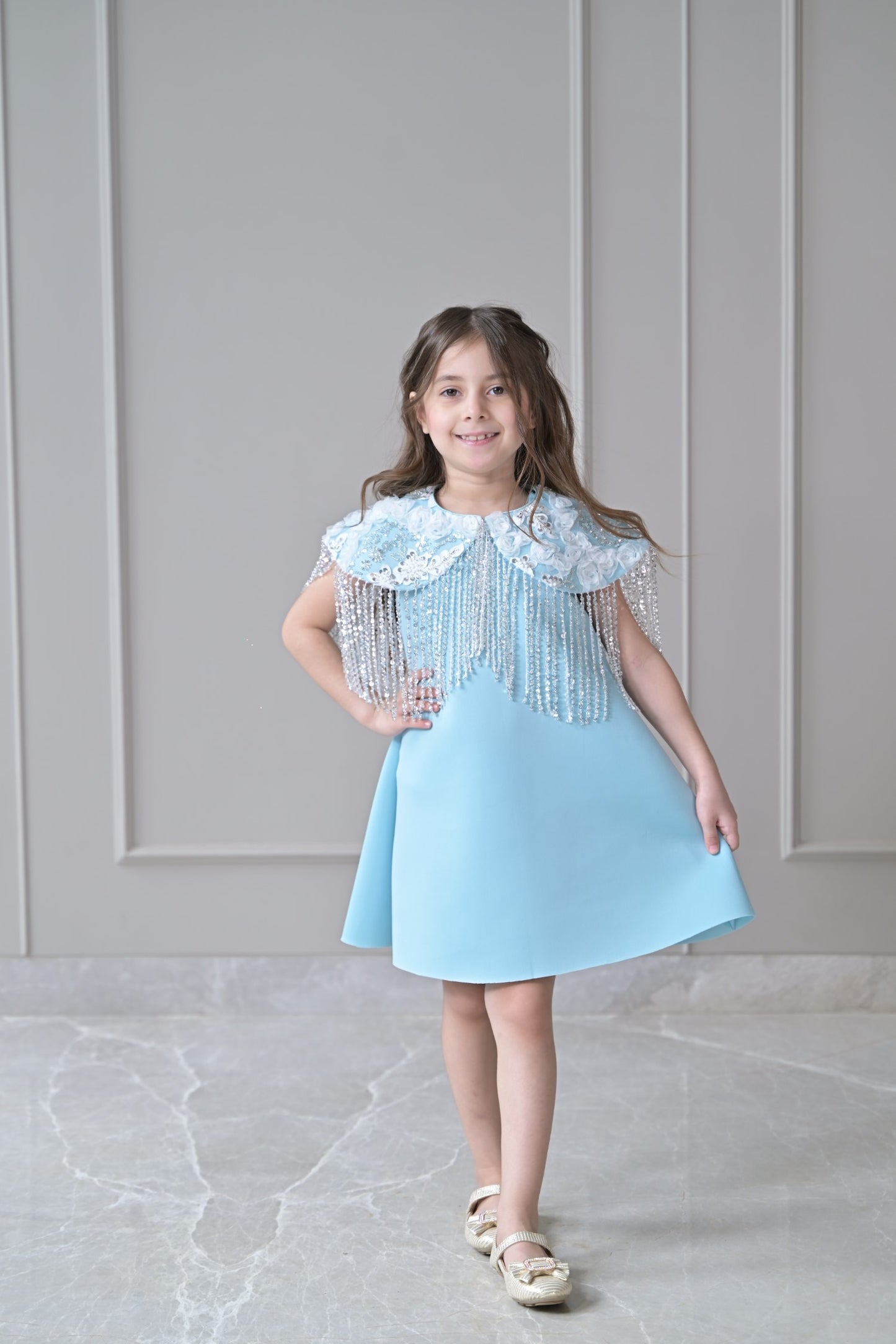 Ice Blue A Line Silver Frill Shoulder Cape Dress