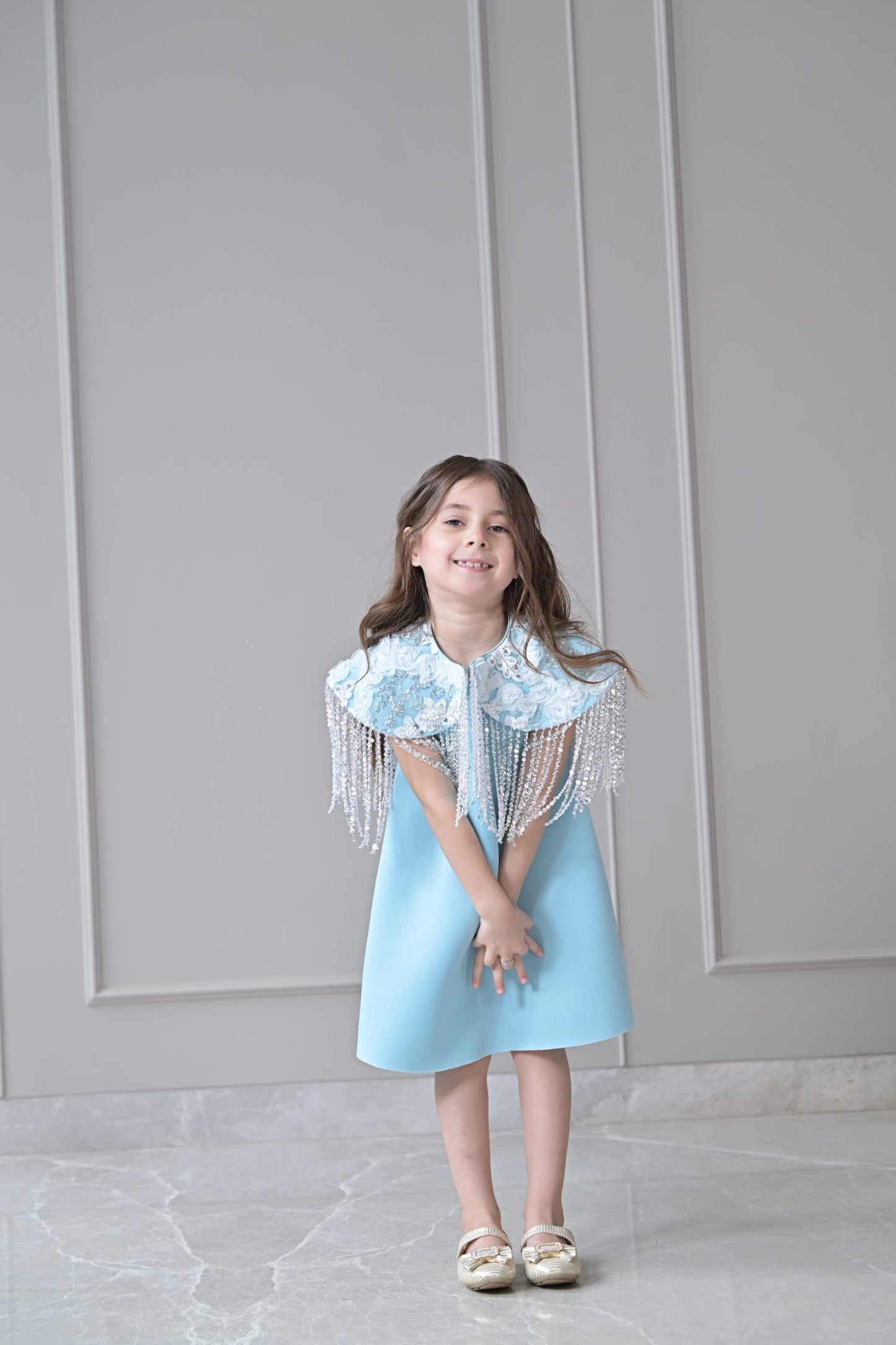 Ice Blue A Line Silver Frill Shoulder Cape Dress