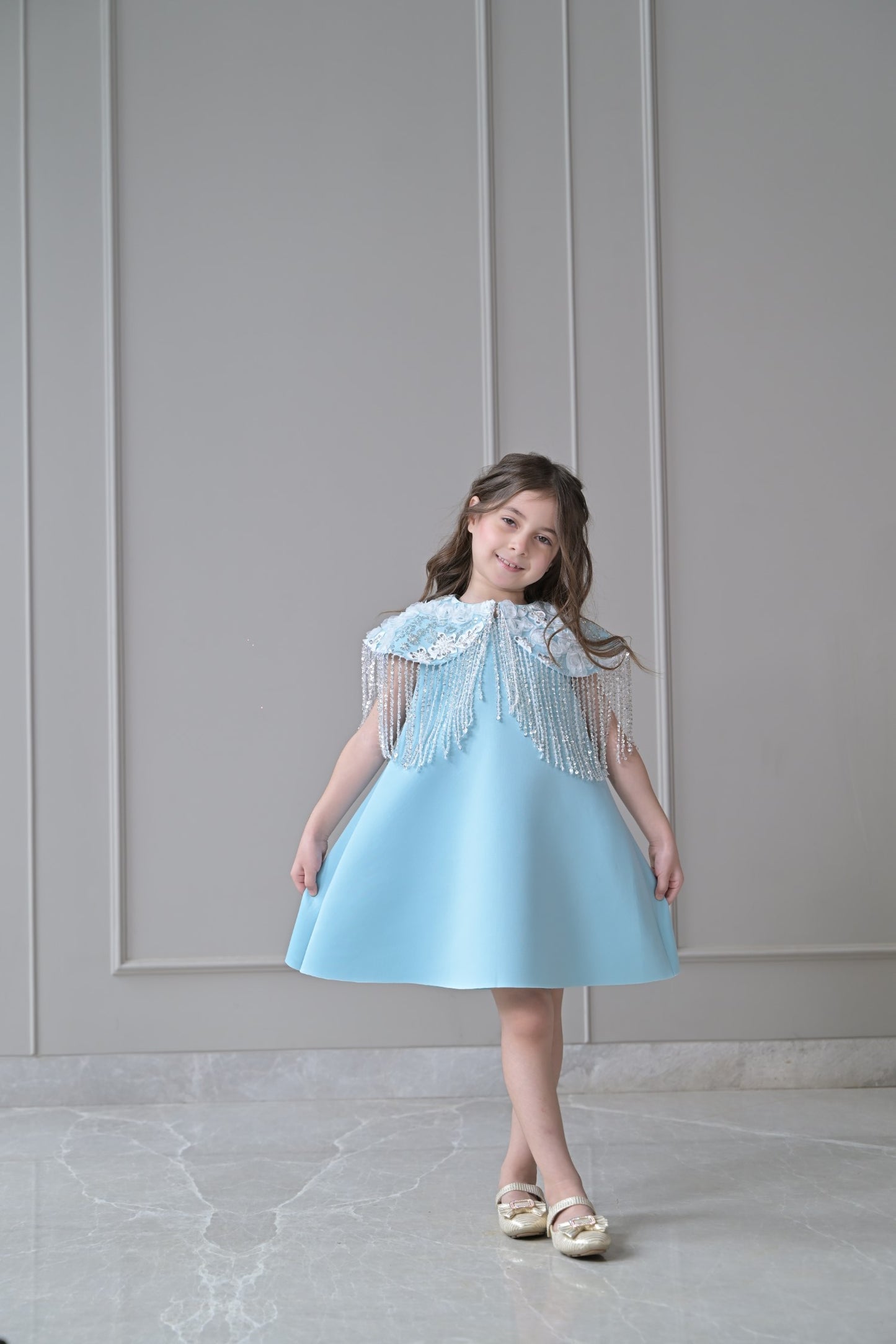 Ice Blue A Line Silver Frill Shoulder Cape Dress