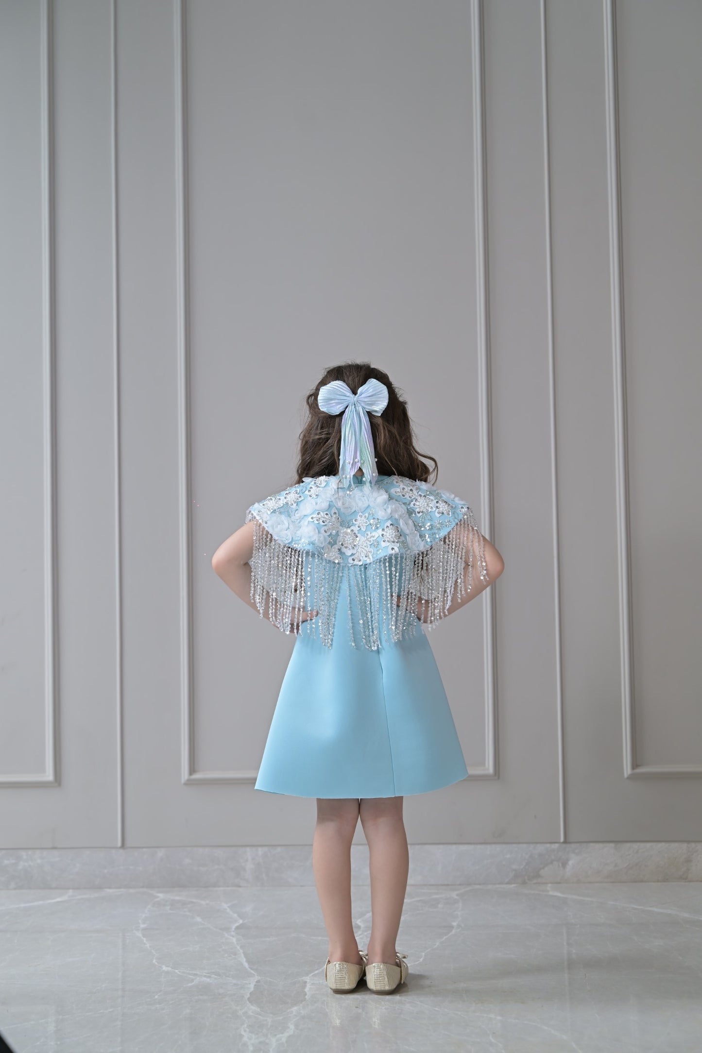 Ice Blue A Line Silver Frill Shoulder Cape Dress