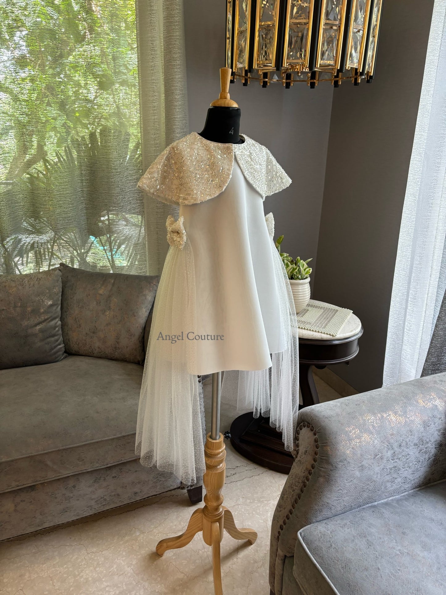 Ivory Silver Shoulder Cape A Line Dress