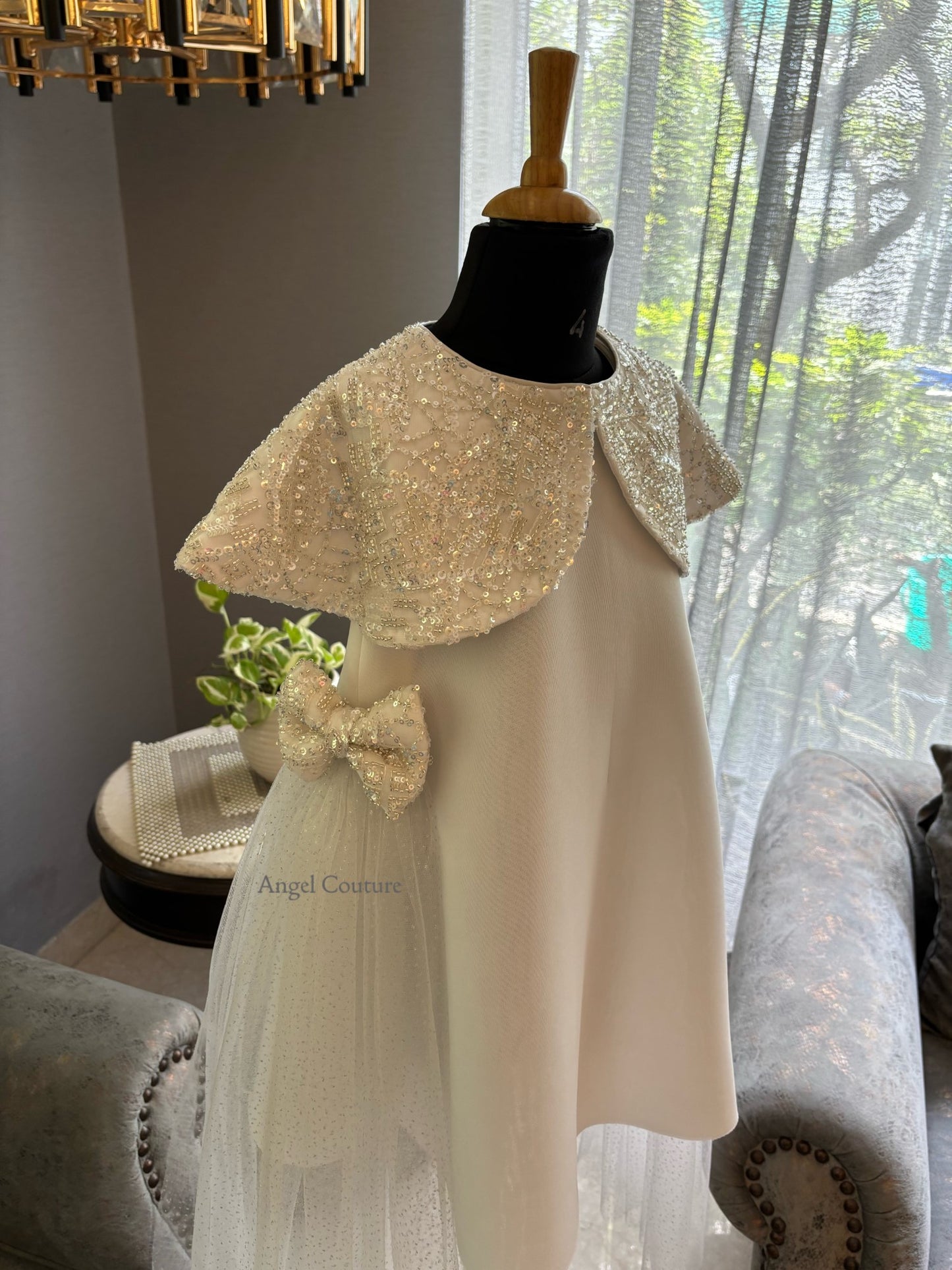 Ivory Silver Shoulder Cape A Line Dress