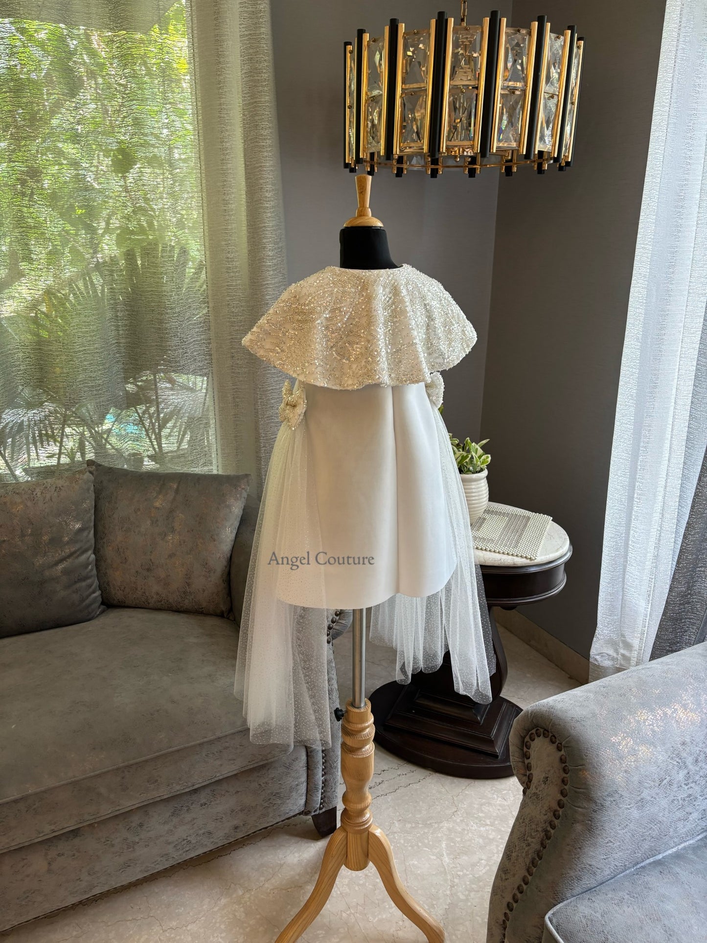 Ivory Silver Shoulder Cape A Line Dress