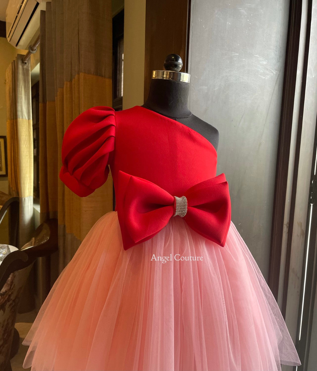 Red Baby Pink One Shoulder Box Sleeve Dress