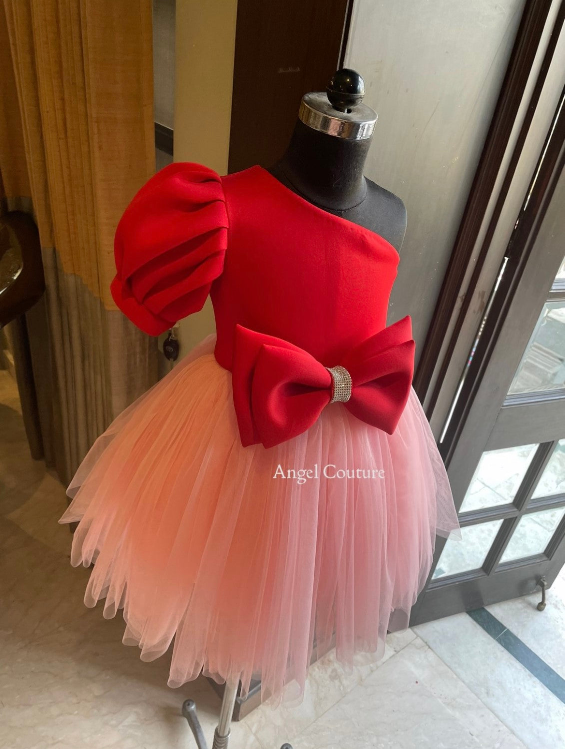 Red Baby Pink One Shoulder Box Sleeve Dress