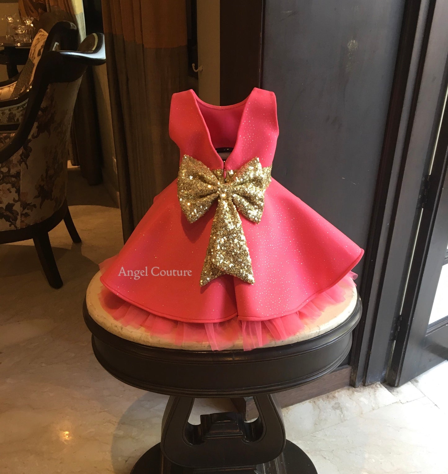 Fuchsia Pink Glitter Golden Bow Dress