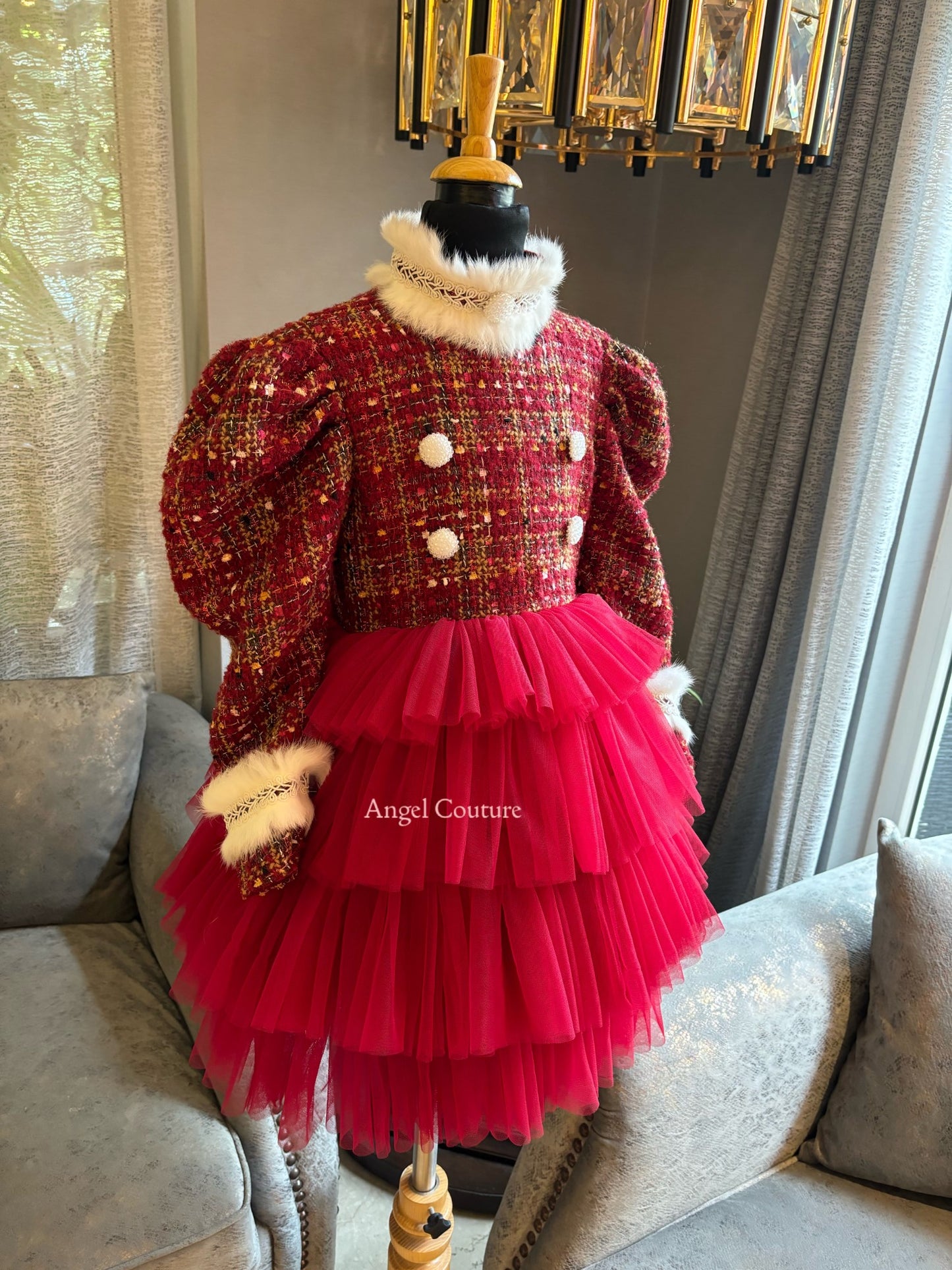Red Christmas Fur Tweed Dress