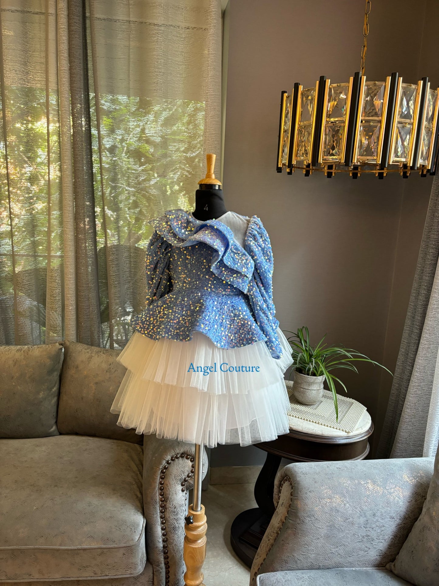 Powder Blue Sequence Velvet Peplum Dress