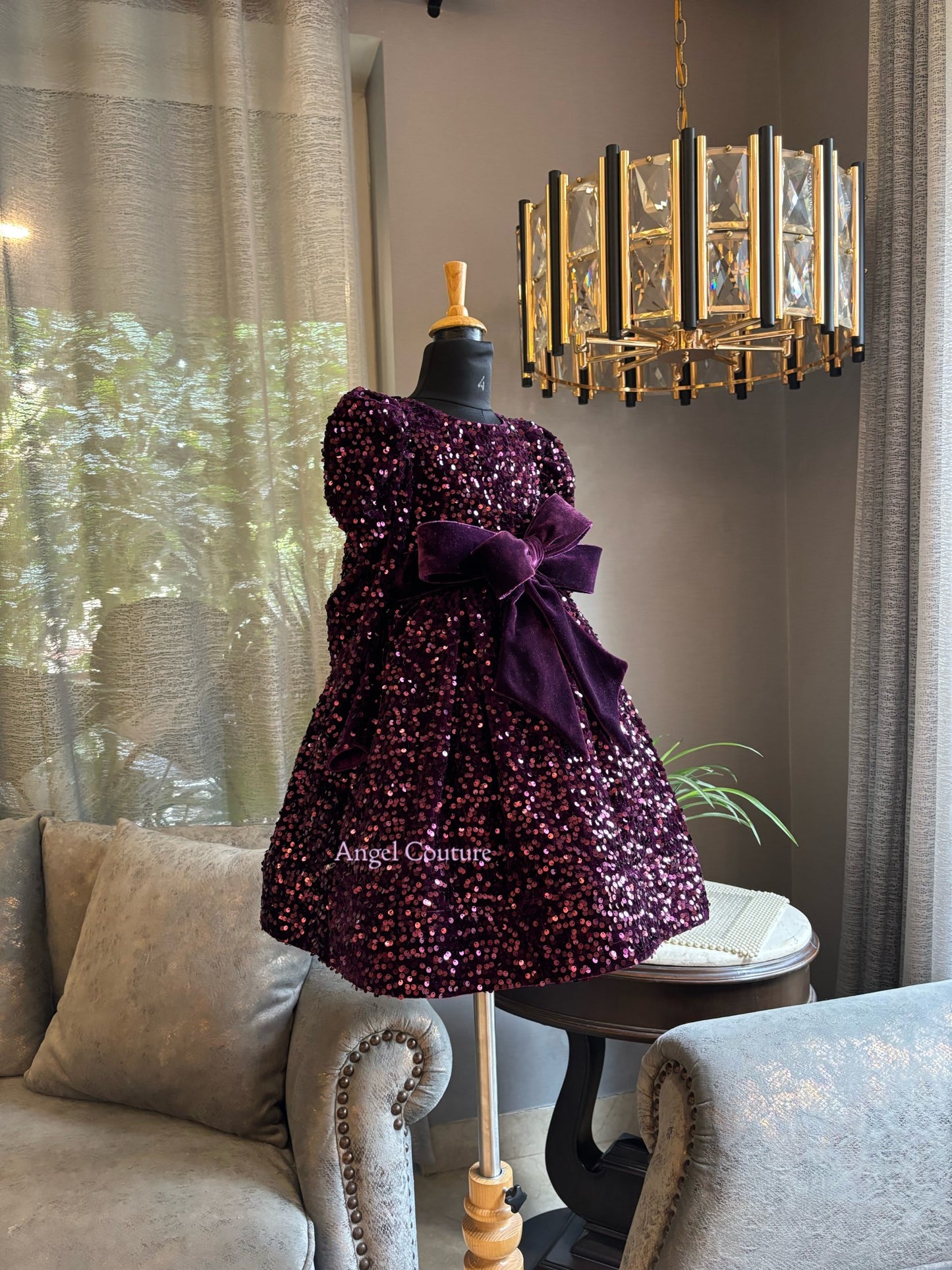 Purple Sequence Velvet Bow Dress