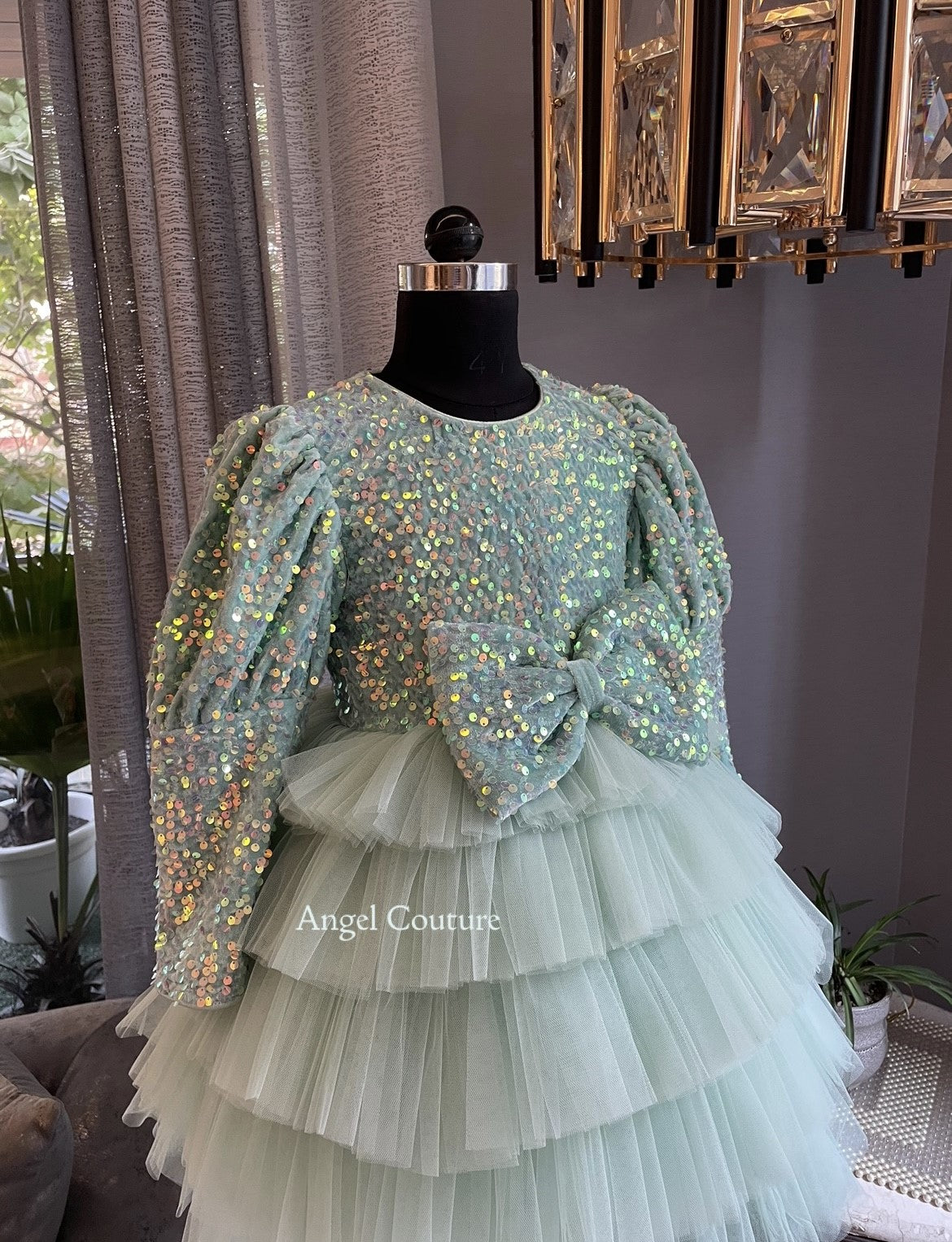 Mint Green Sequence Velvet Multilayer Dress