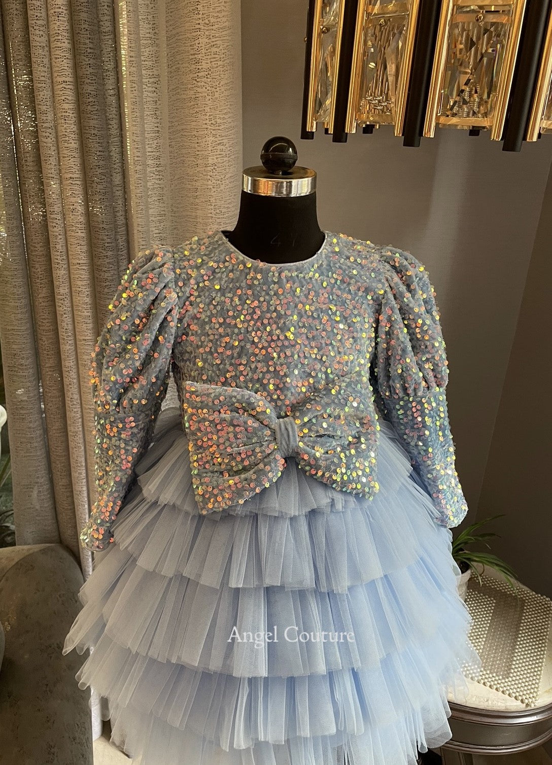 Powder Blue Sequence Velvet Multilayer Dress