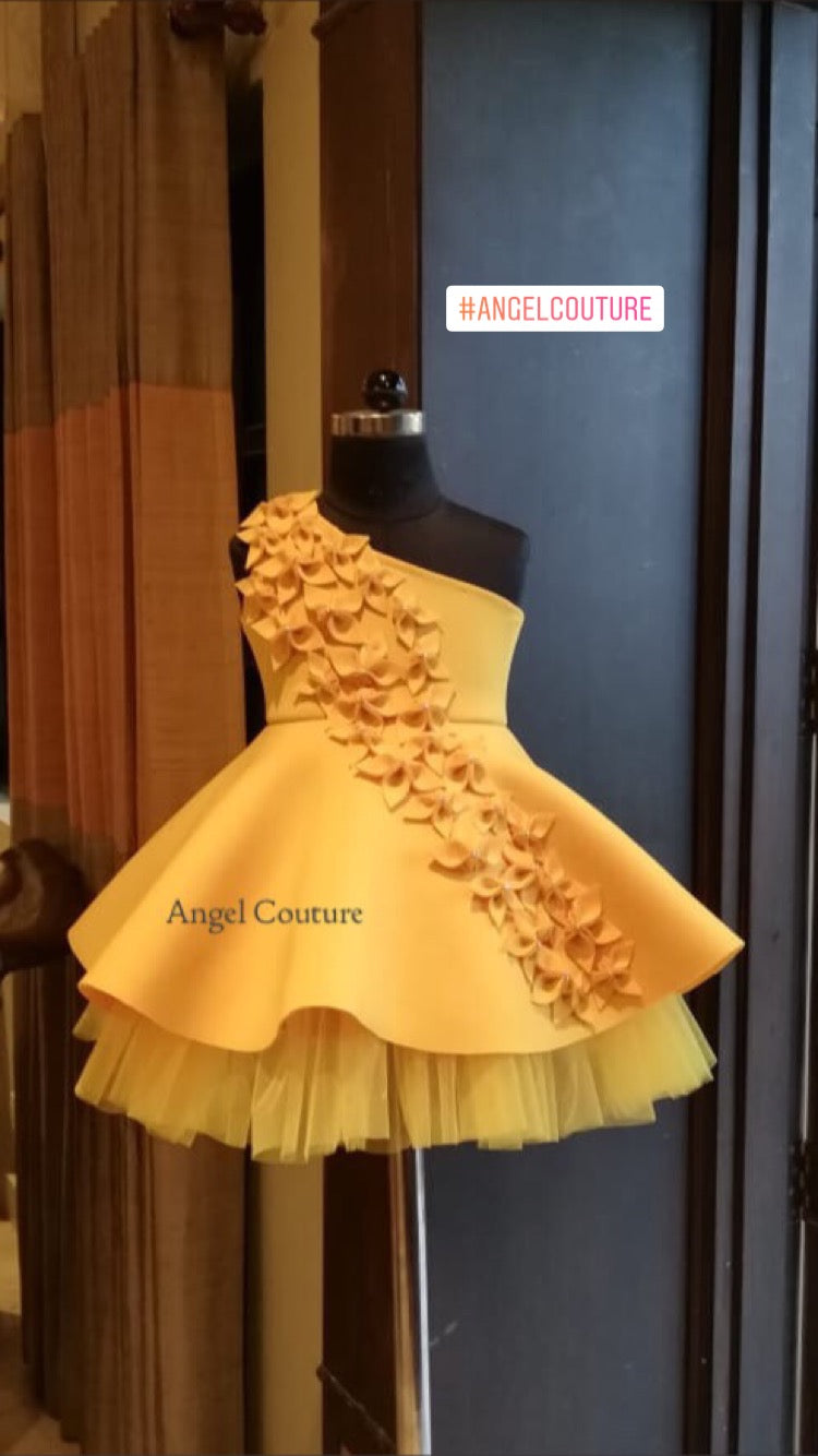 Yellow One Shoulder Falling Flowers Dress