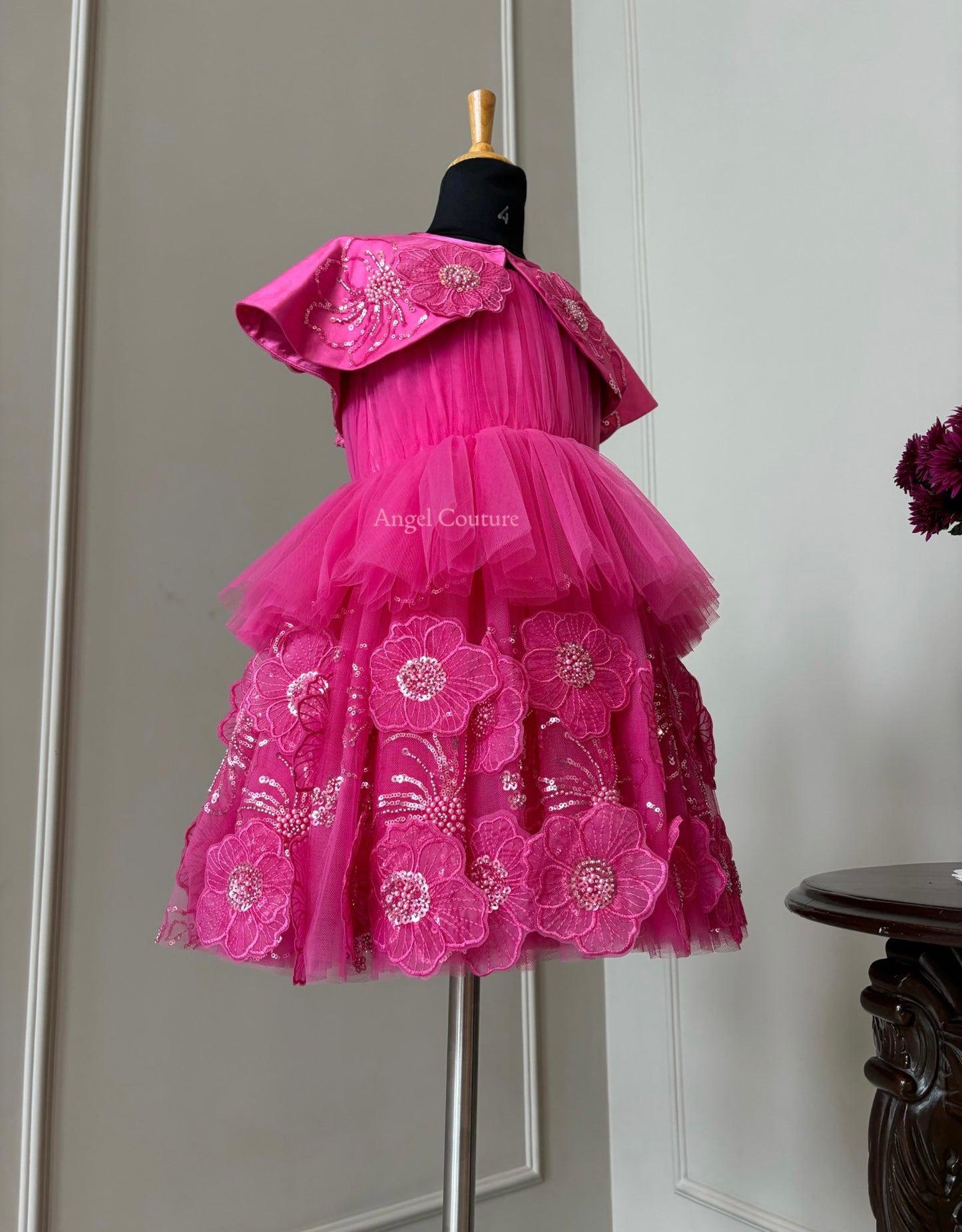 Fuchsia Pink Shoulder Cape Flower Dress