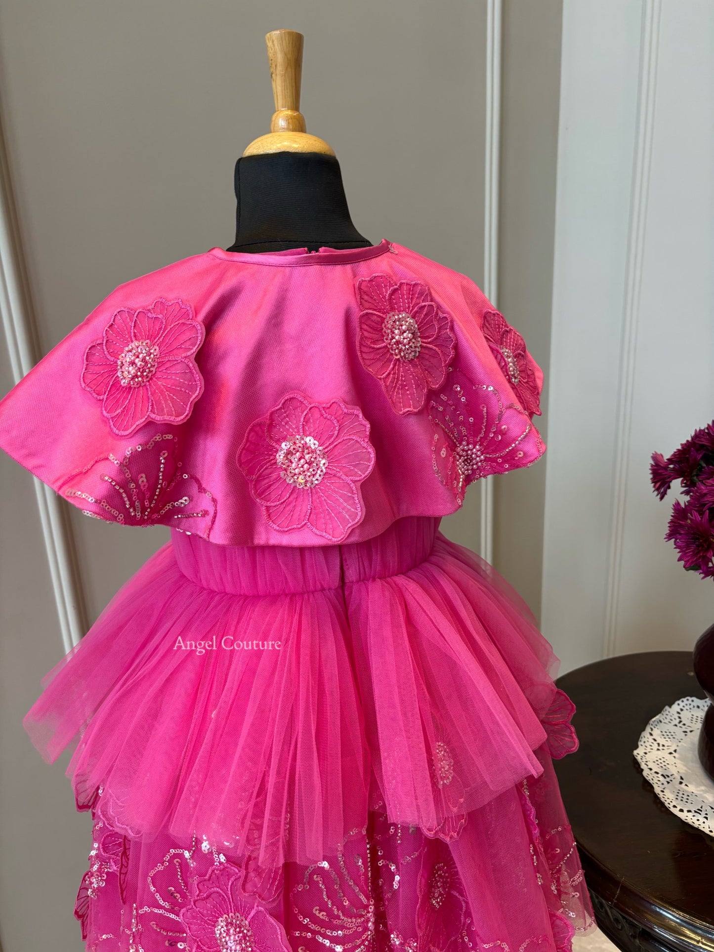 Fuchsia Pink Shoulder Cape Flower Dress