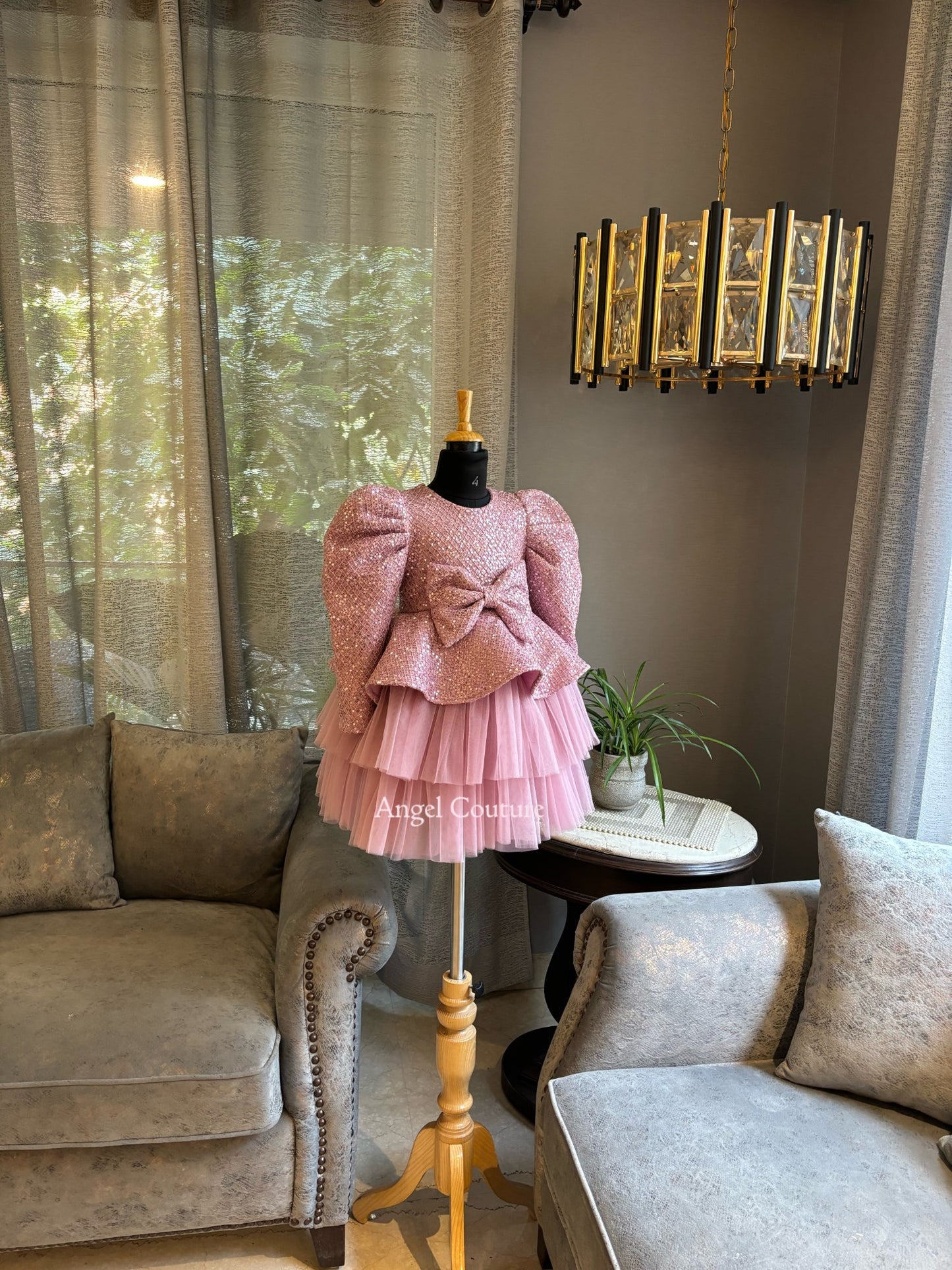 Onion Pink Sequence Bow Peplum Dress