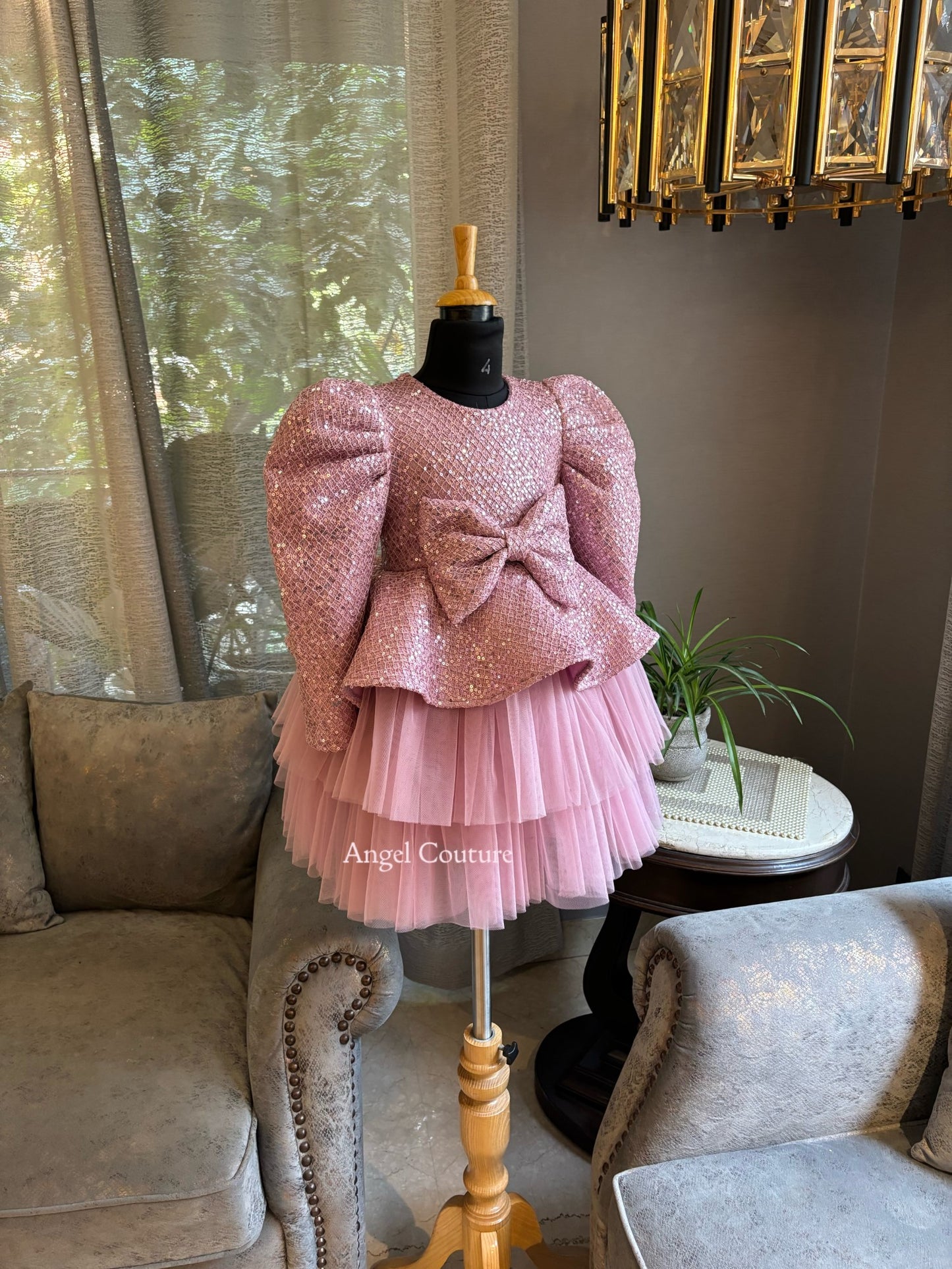 Onion Pink Sequence Bow Peplum Dress