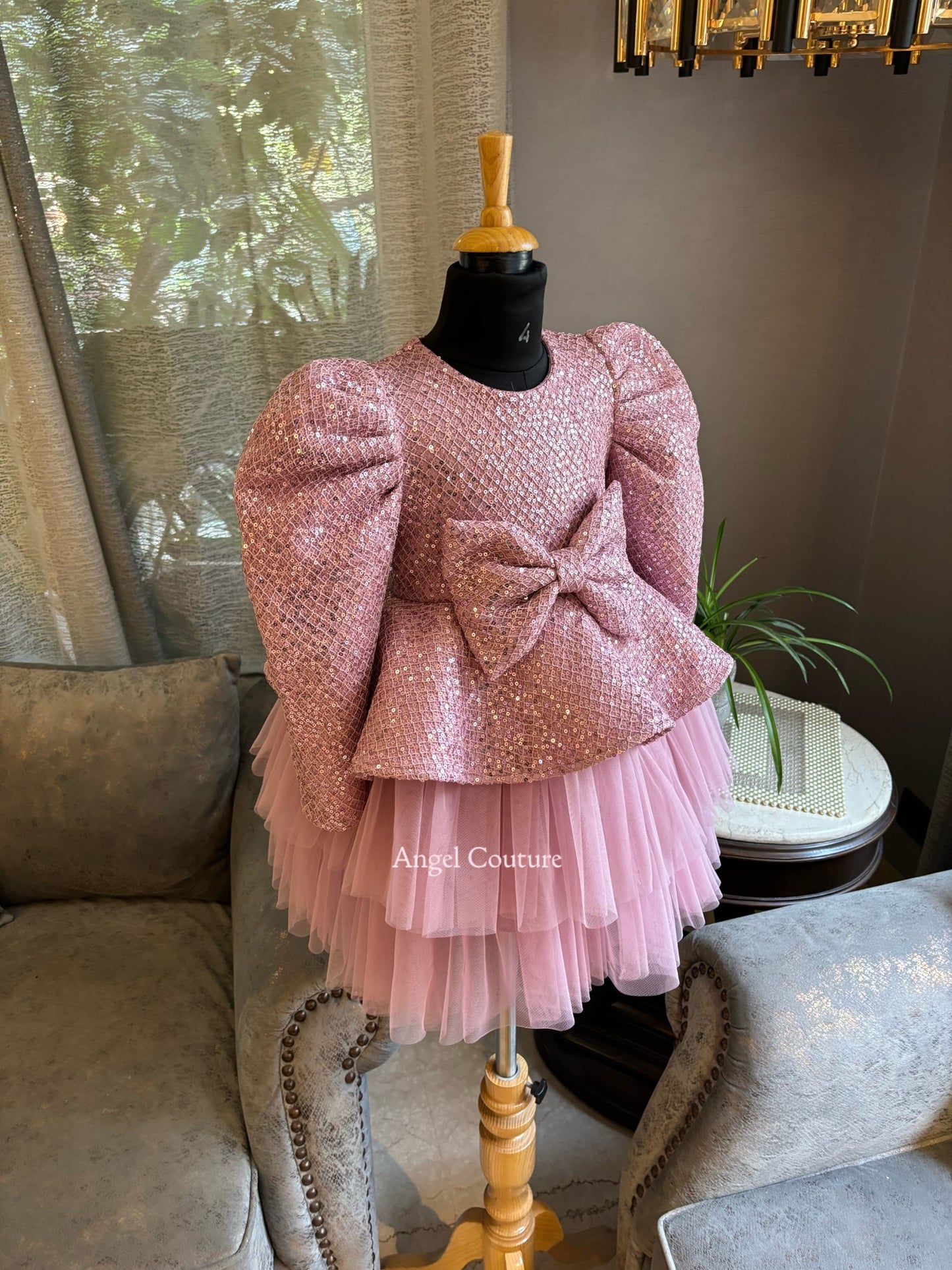 Onion Pink Sequence Bow Peplum Dress