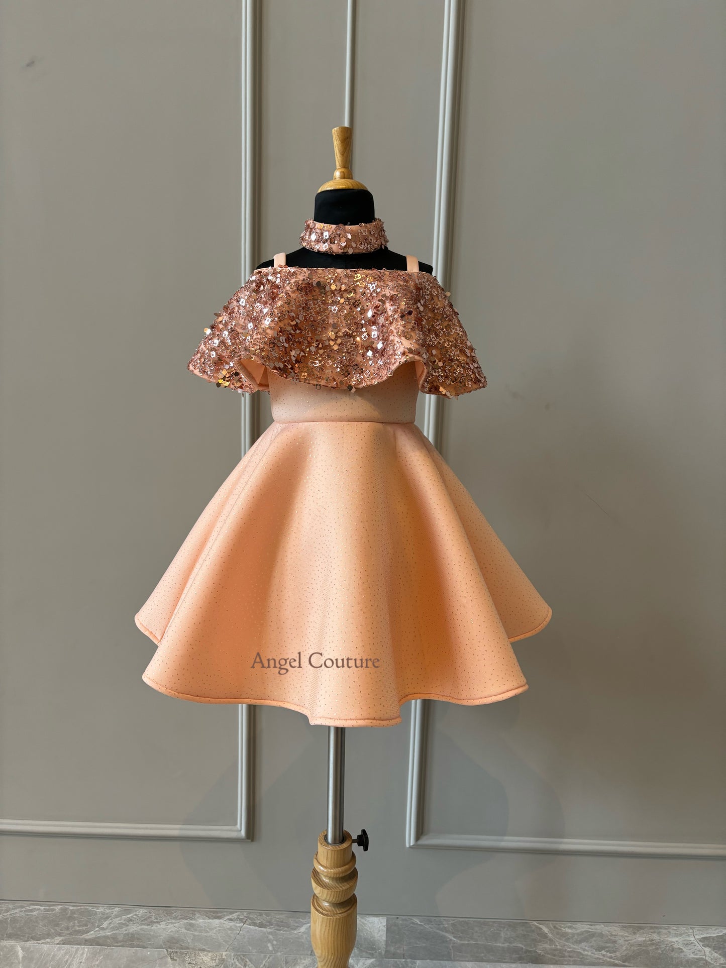 Peach Sequence Shoulder Drape Dress