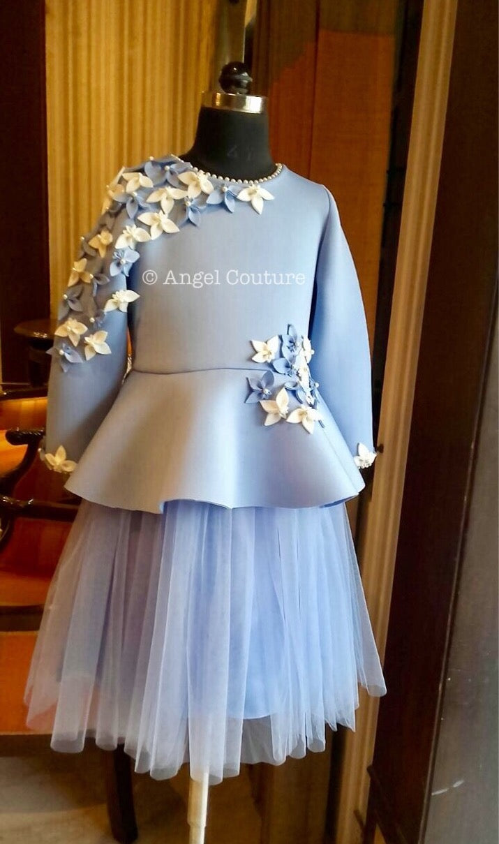 Powder Blue Ivory Falling Flower Sleeve Peplum Dress