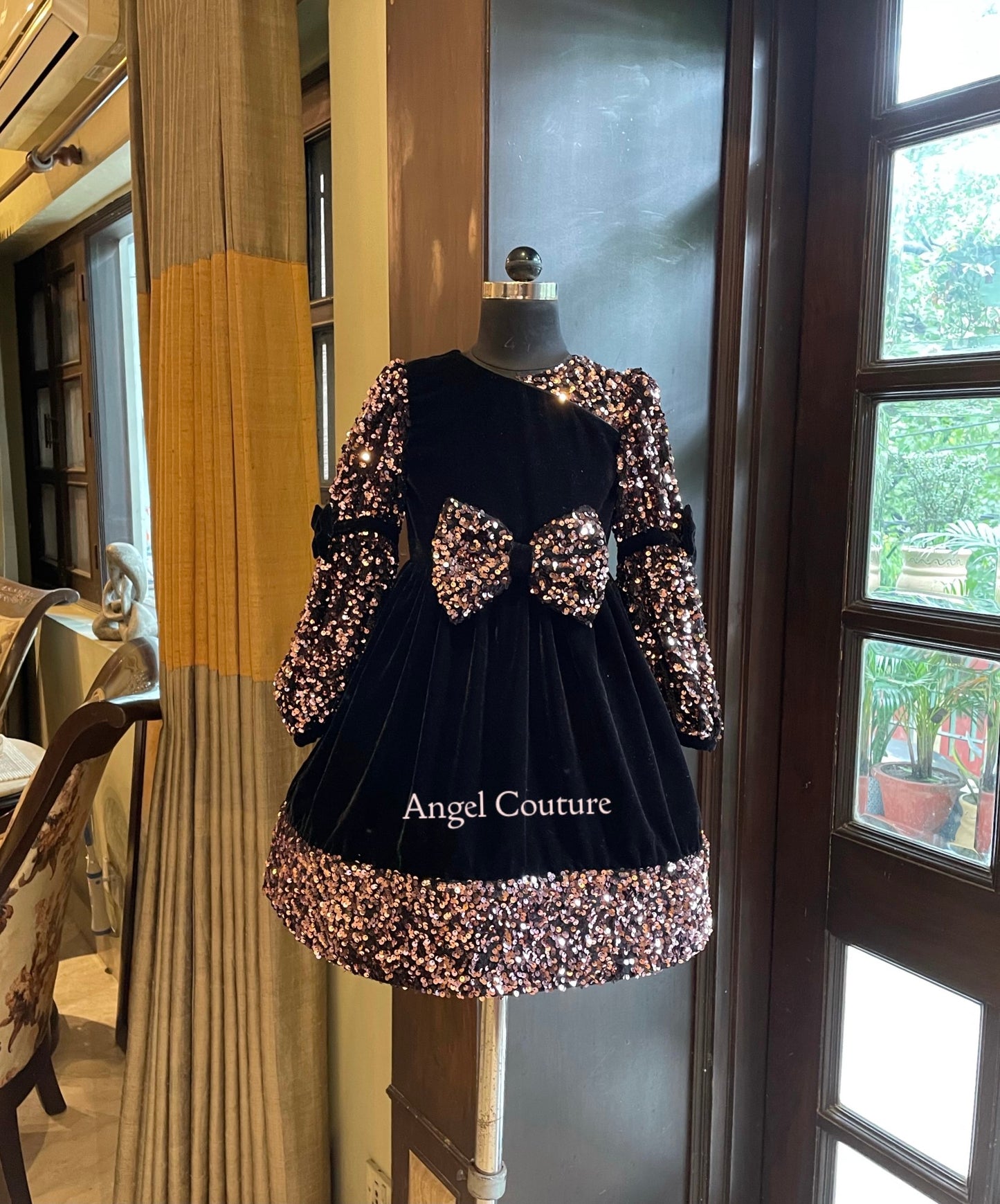 Black Velvet Sequence Sleeve Bow Dress