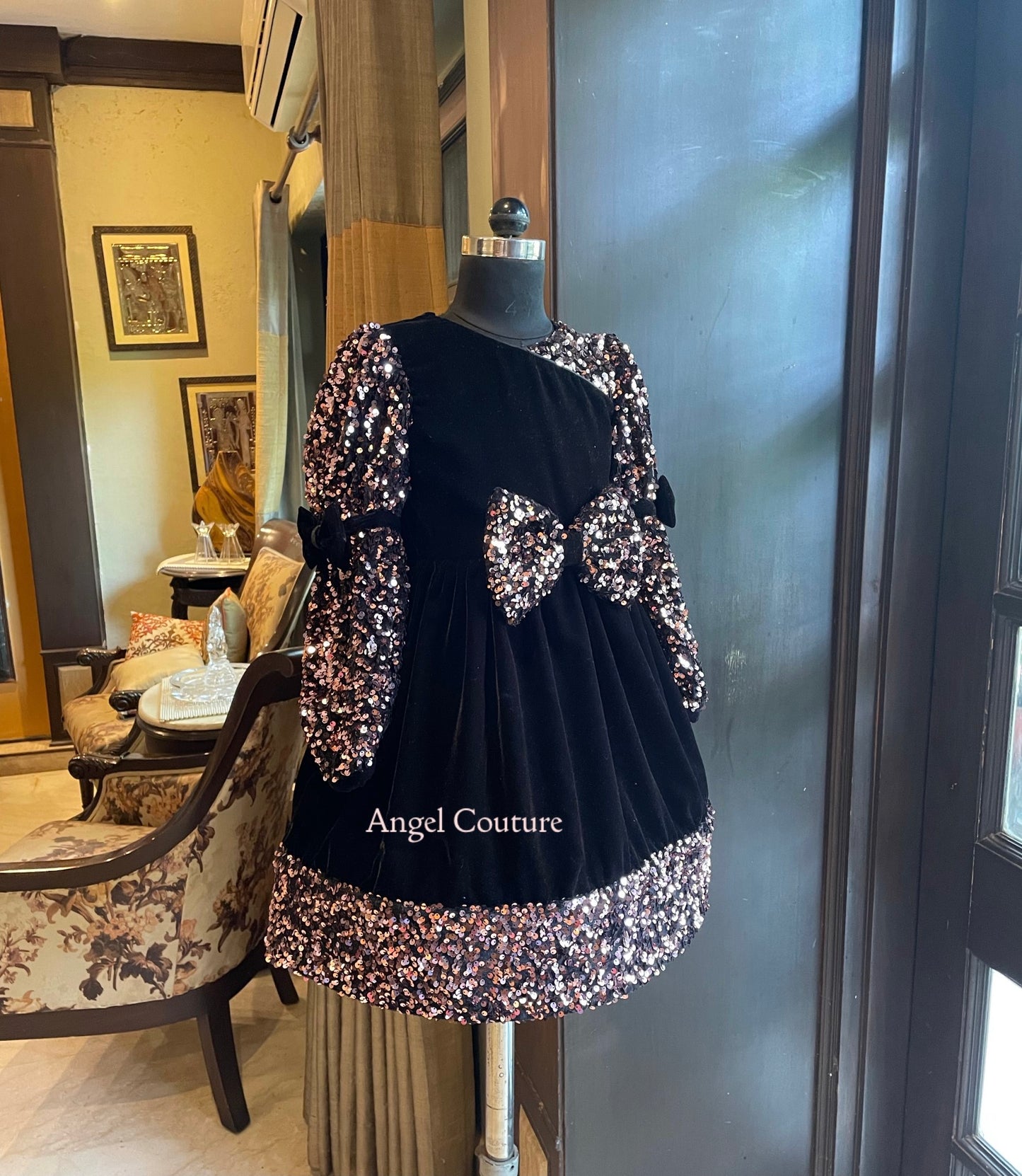 Black Velvet Sequence Sleeve Bow Dress