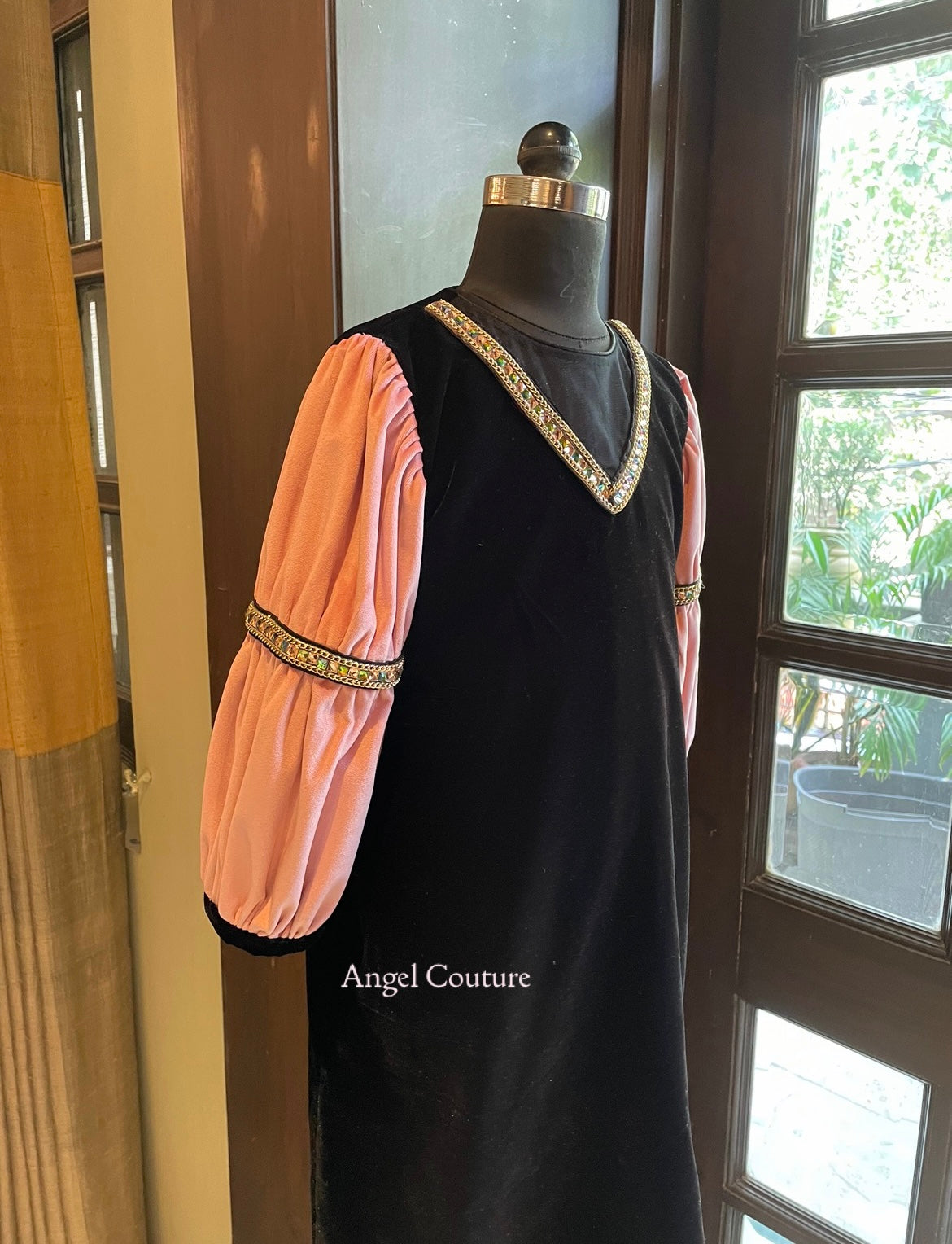 Black Baby Pink Velvet A Line Dress