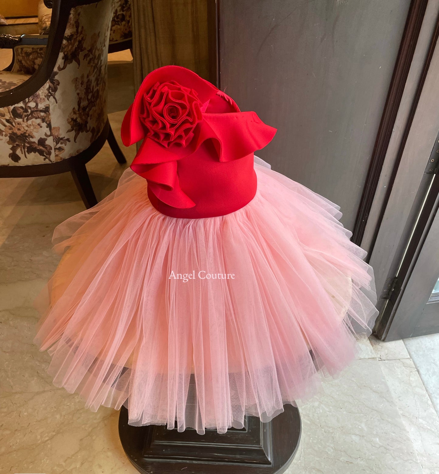 Red Baby Pink One Shoulder Rose Dress