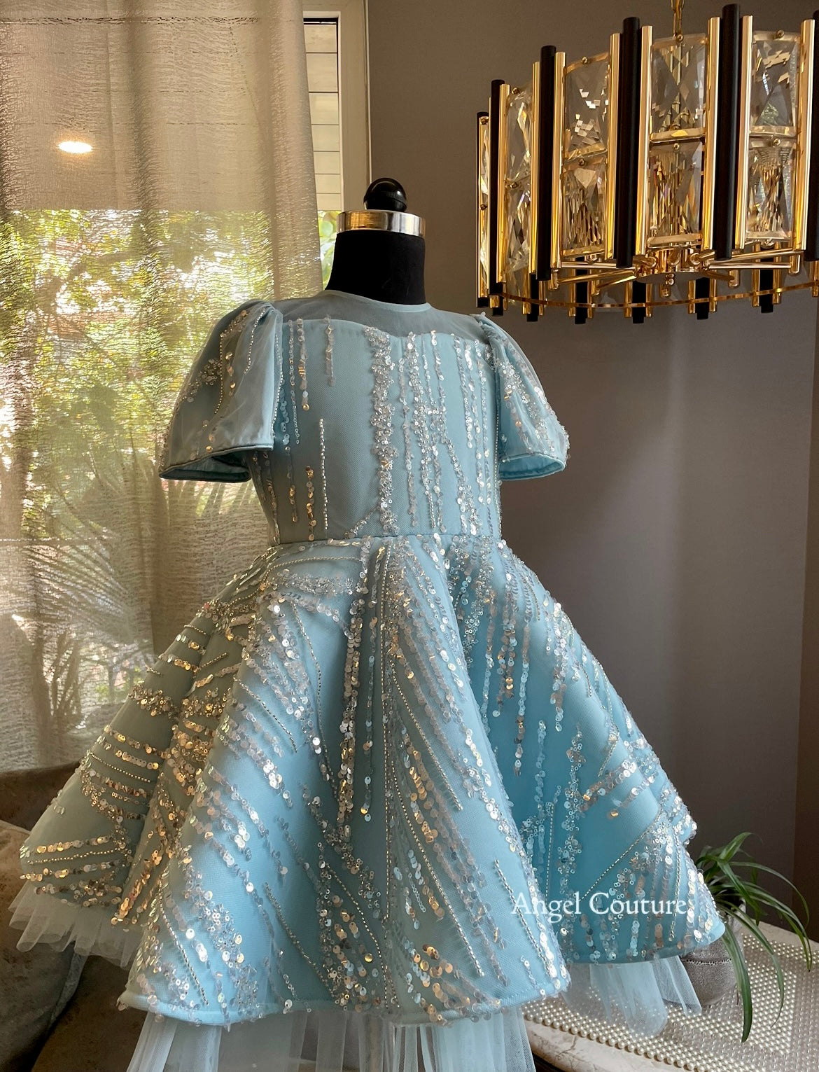 Ice Blue Line Sequence Full Peplum Dress