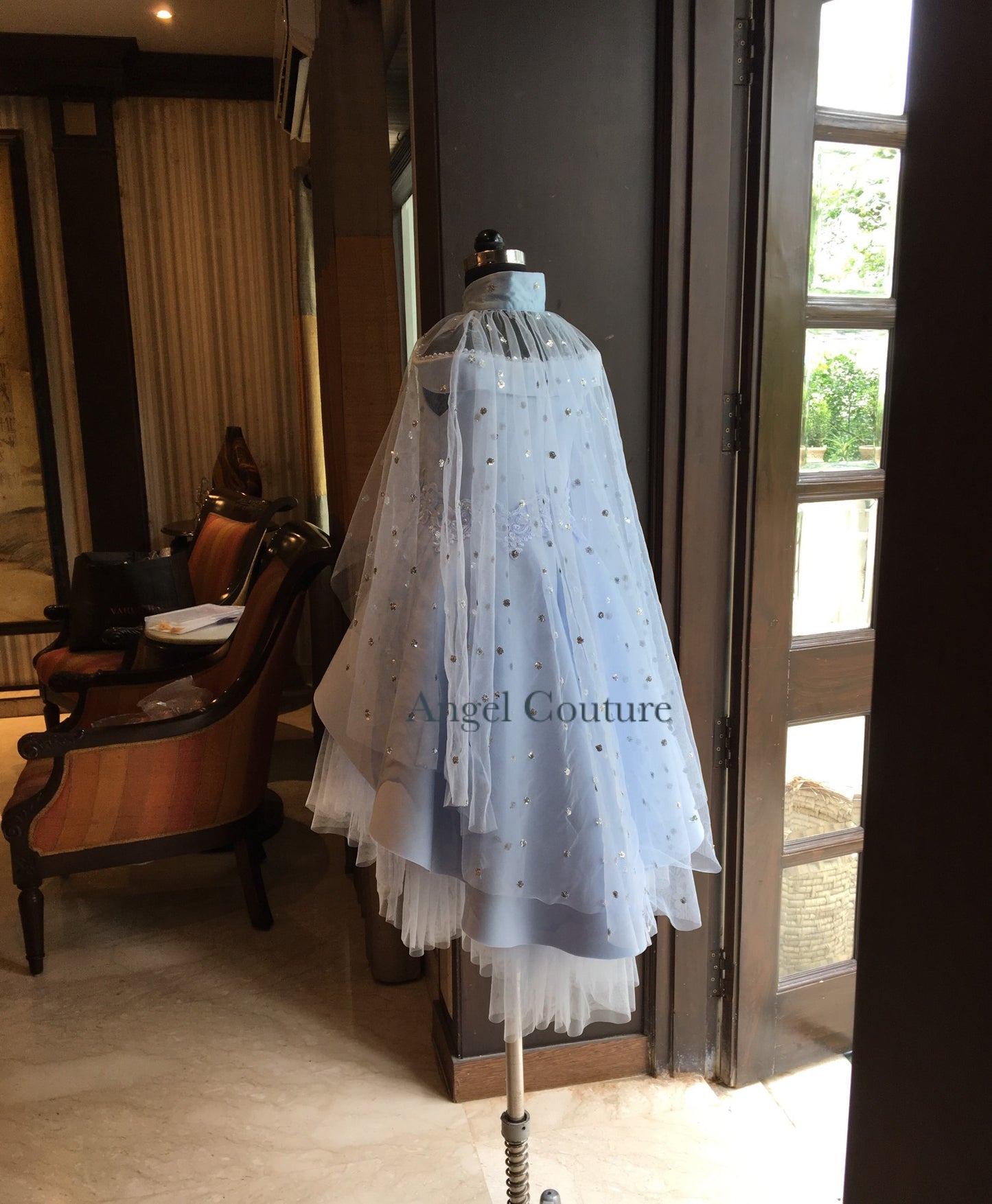 Powder Blue Offshoulder Lace Short Long Gown