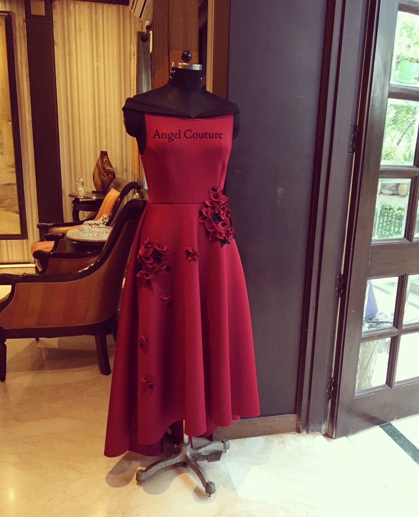 Maroon Black Offshoulder Short Long Dress